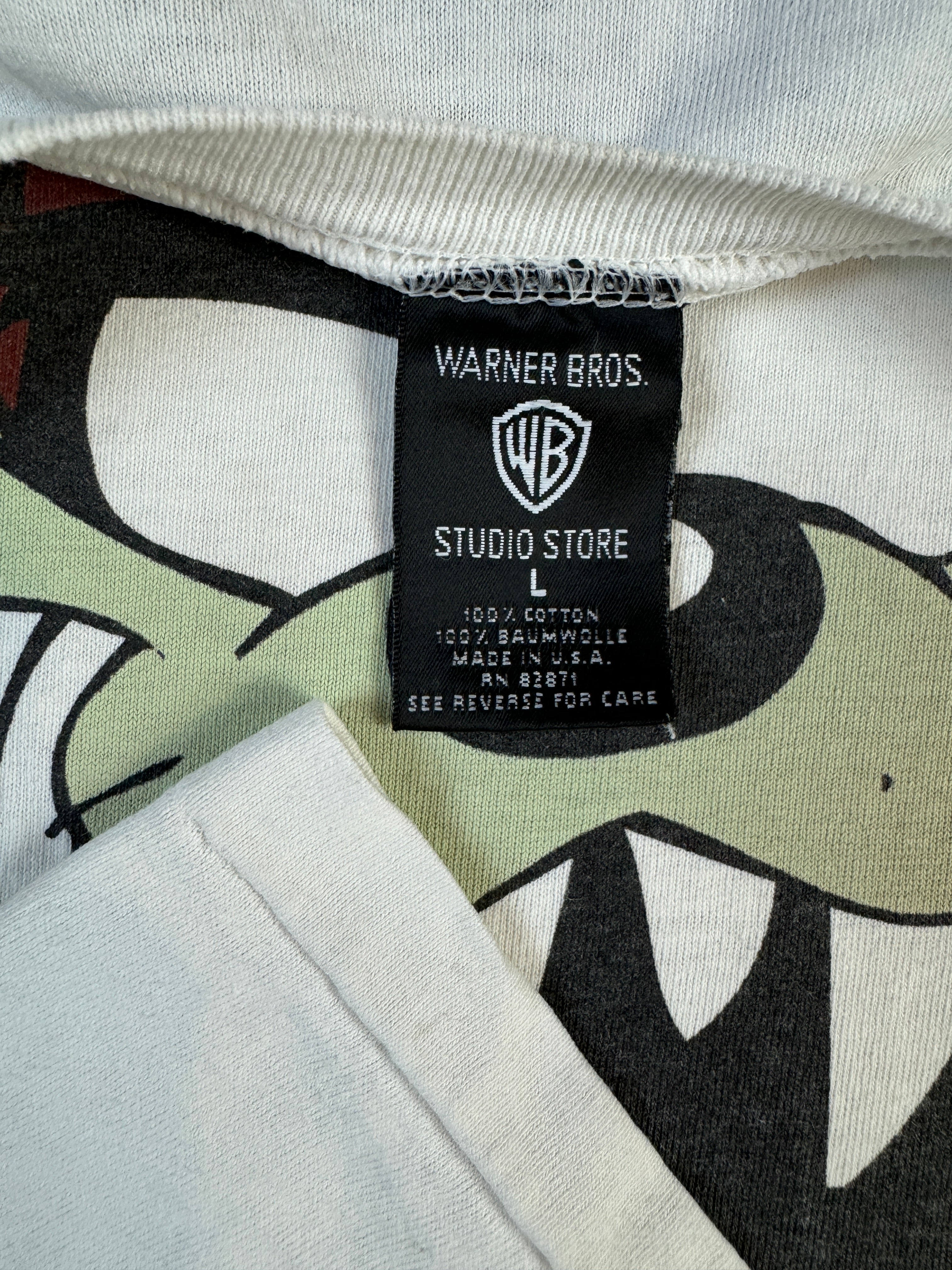Vintage Warner Bros. Shirt 90s Taz "I can be HAZARDOUS to your health!" Stained Single Stitch Made In USA Weiß L
