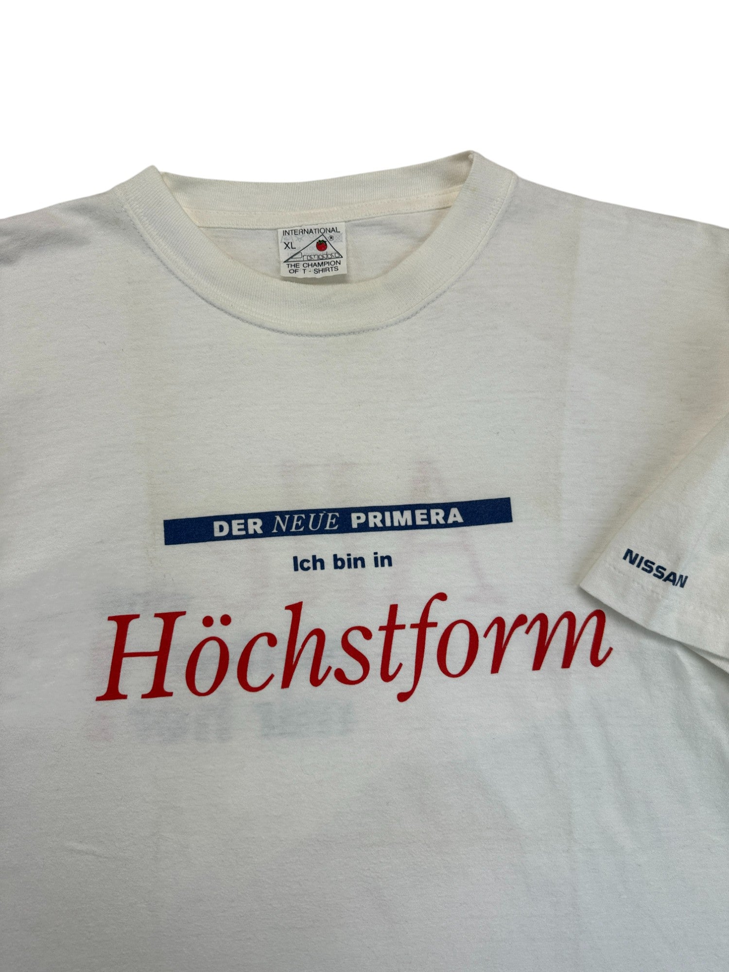 Vintage Promodoro Shirt 90s Nissan "„Der neue Primera – Ich bin in Höchstform“ Single Stitch Weiß XL