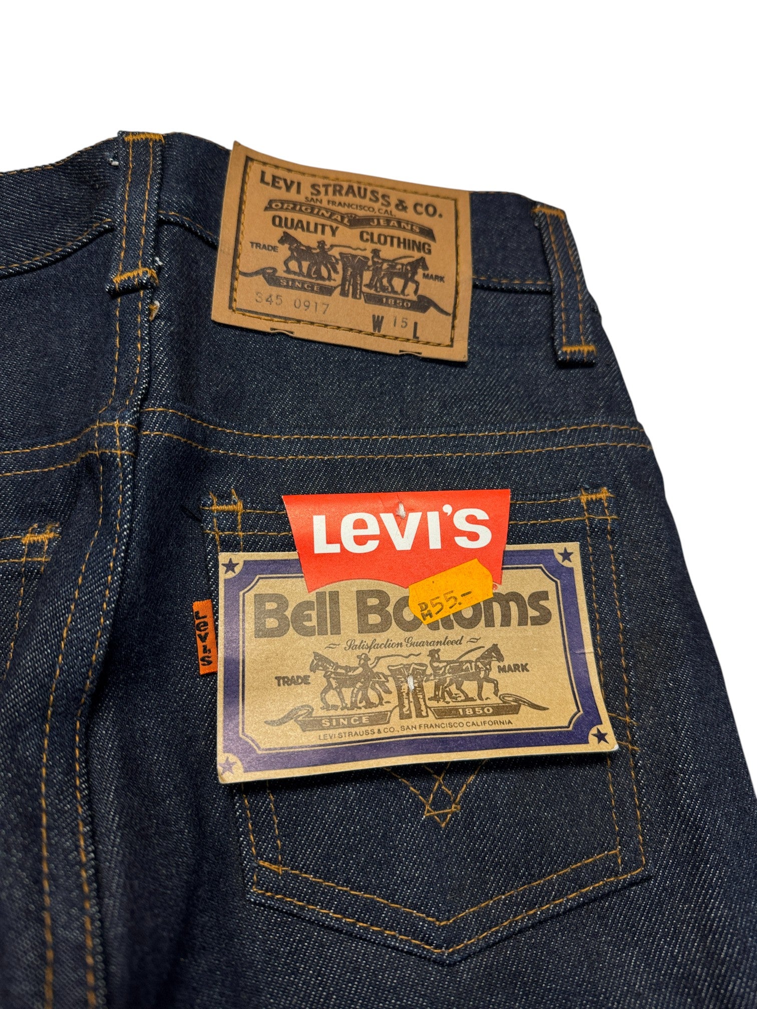 1978 Levis Bell Bottom Jeans Flared Deadstock Made In USA Dunkelblau W15 S-M - RareRags