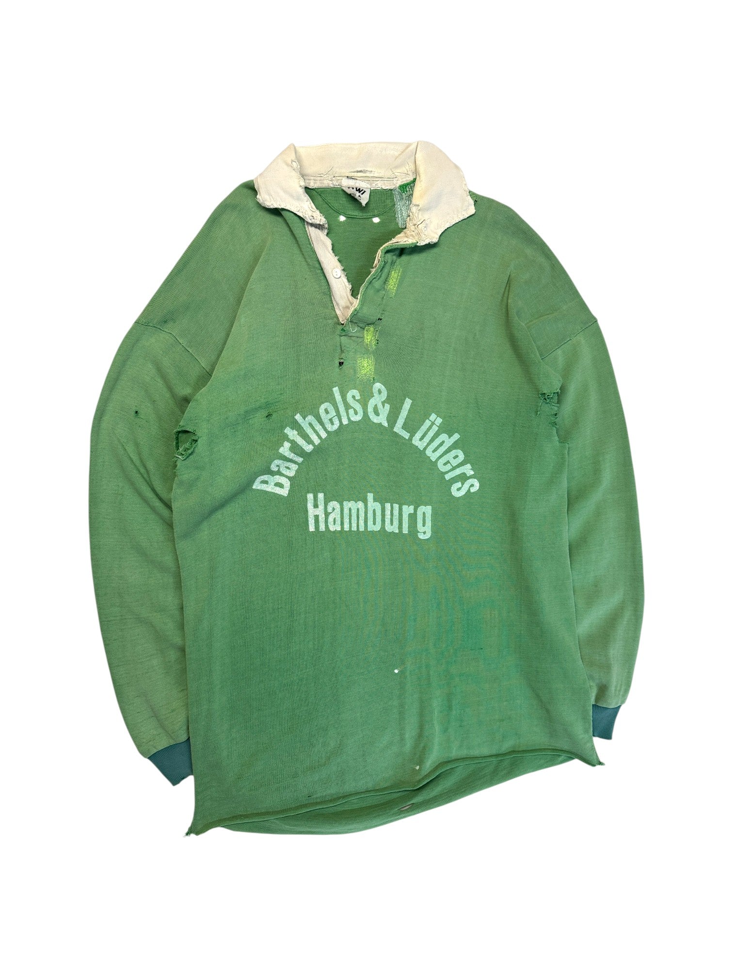 80s Kiwi Rugby Polo Trashed "Barthels & Lüders Hamburg" Made In UK Grün L-XL - RareRags