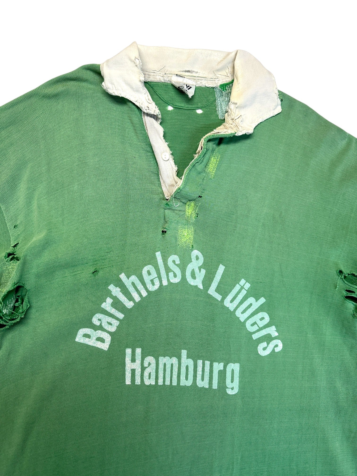 80s Kiwi Rugby Polo Trashed "Barthels & Lüders Hamburg" Made In UK Grün L-XL - RareRags