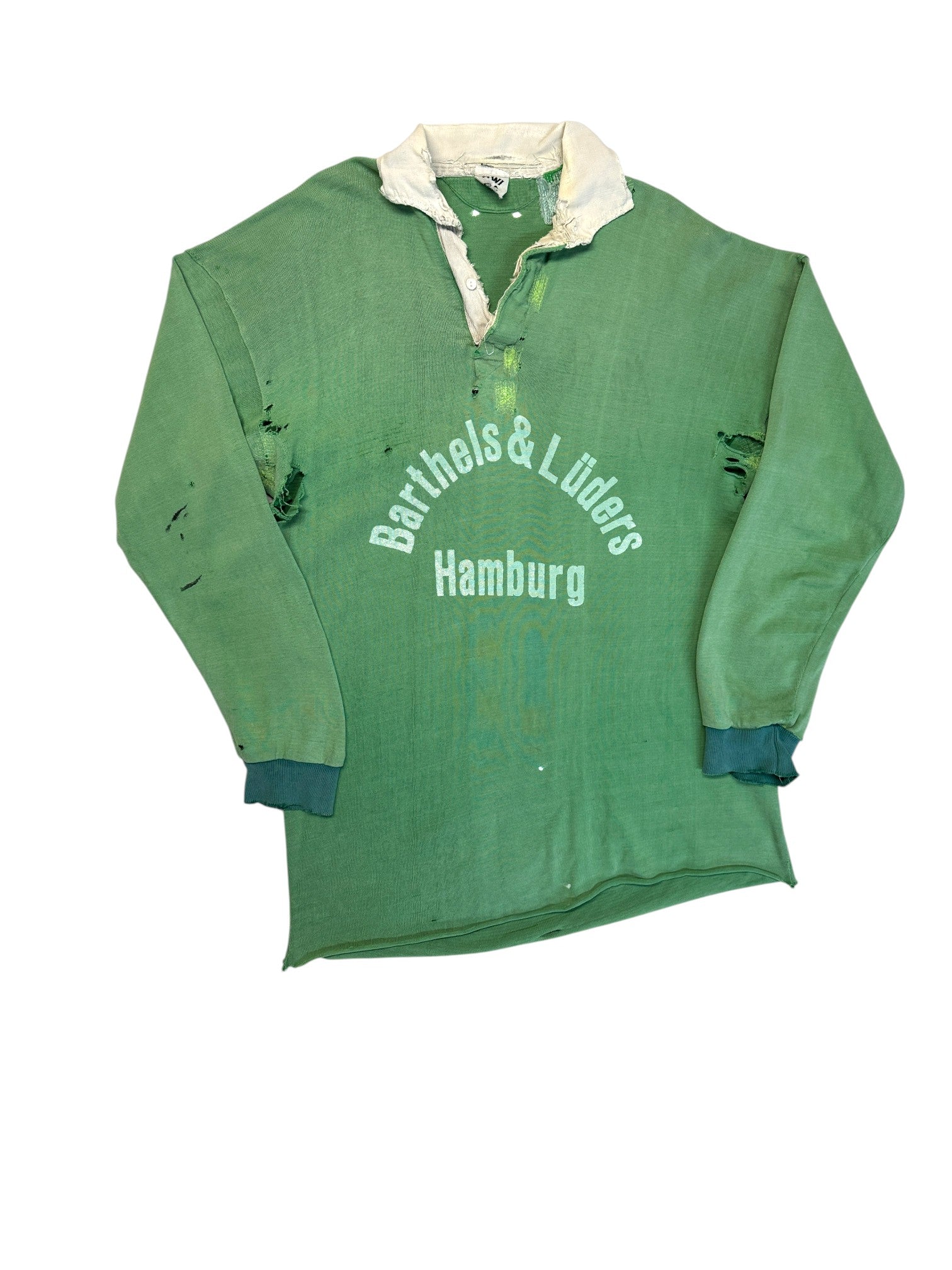 80s Kiwi Rugby Polo Trashed "Barthels & Lüders Hamburg" Made In UK Grün L-XL - RareRags