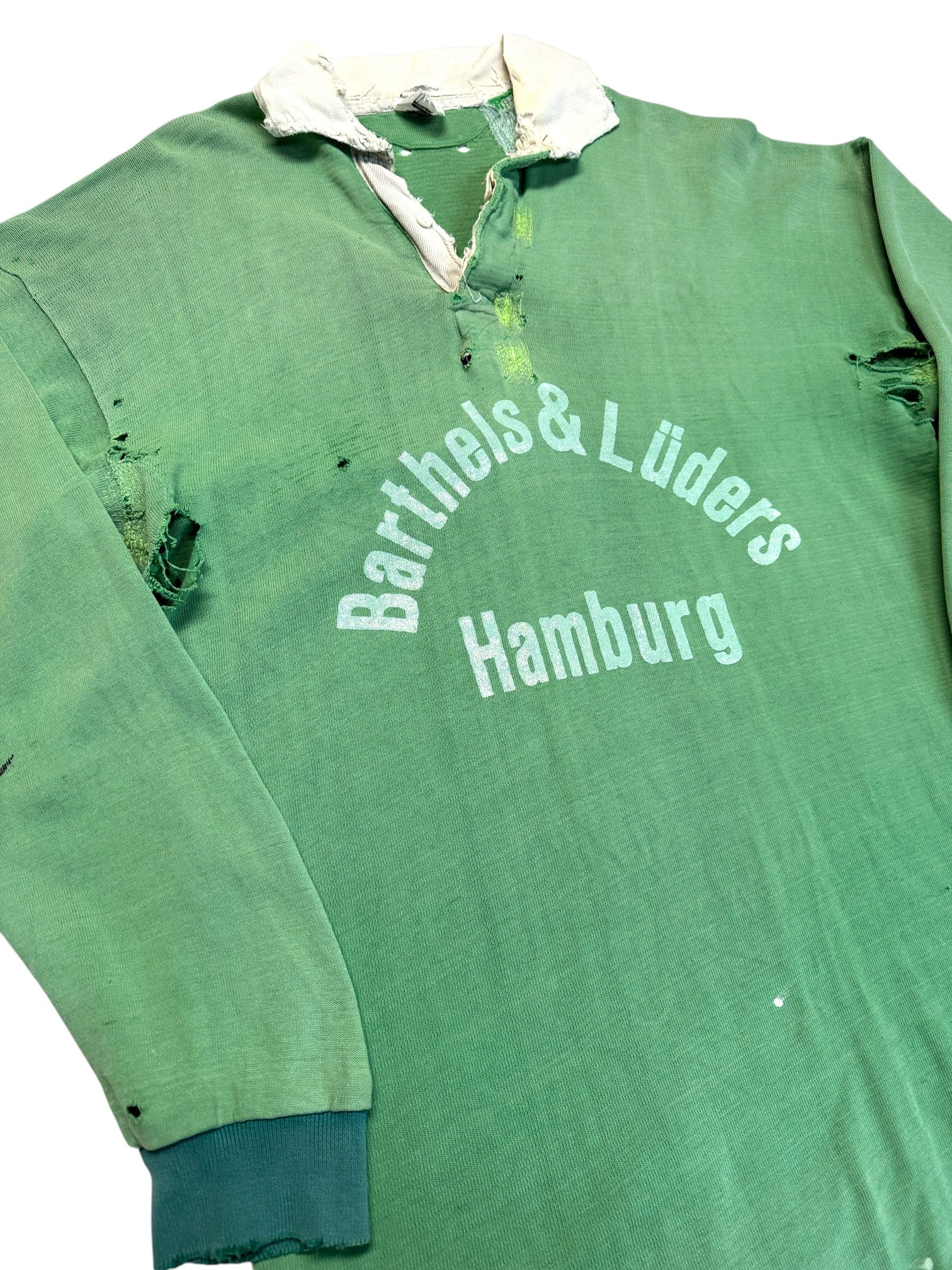 80s Kiwi Rugby Polo Trashed "Barthels & Lüders Hamburg" Made In UK Grün L-XL - RareRags