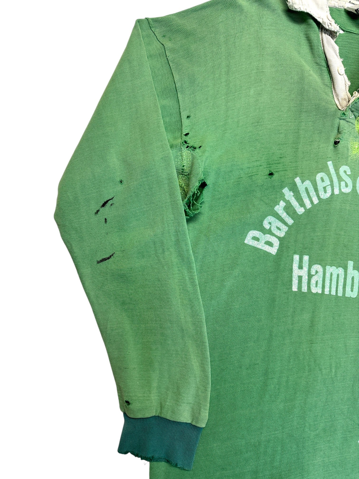 80s Kiwi Rugby Polo Trashed "Barthels & Lüders Hamburg" Made In UK Grün L-XL - RareRags