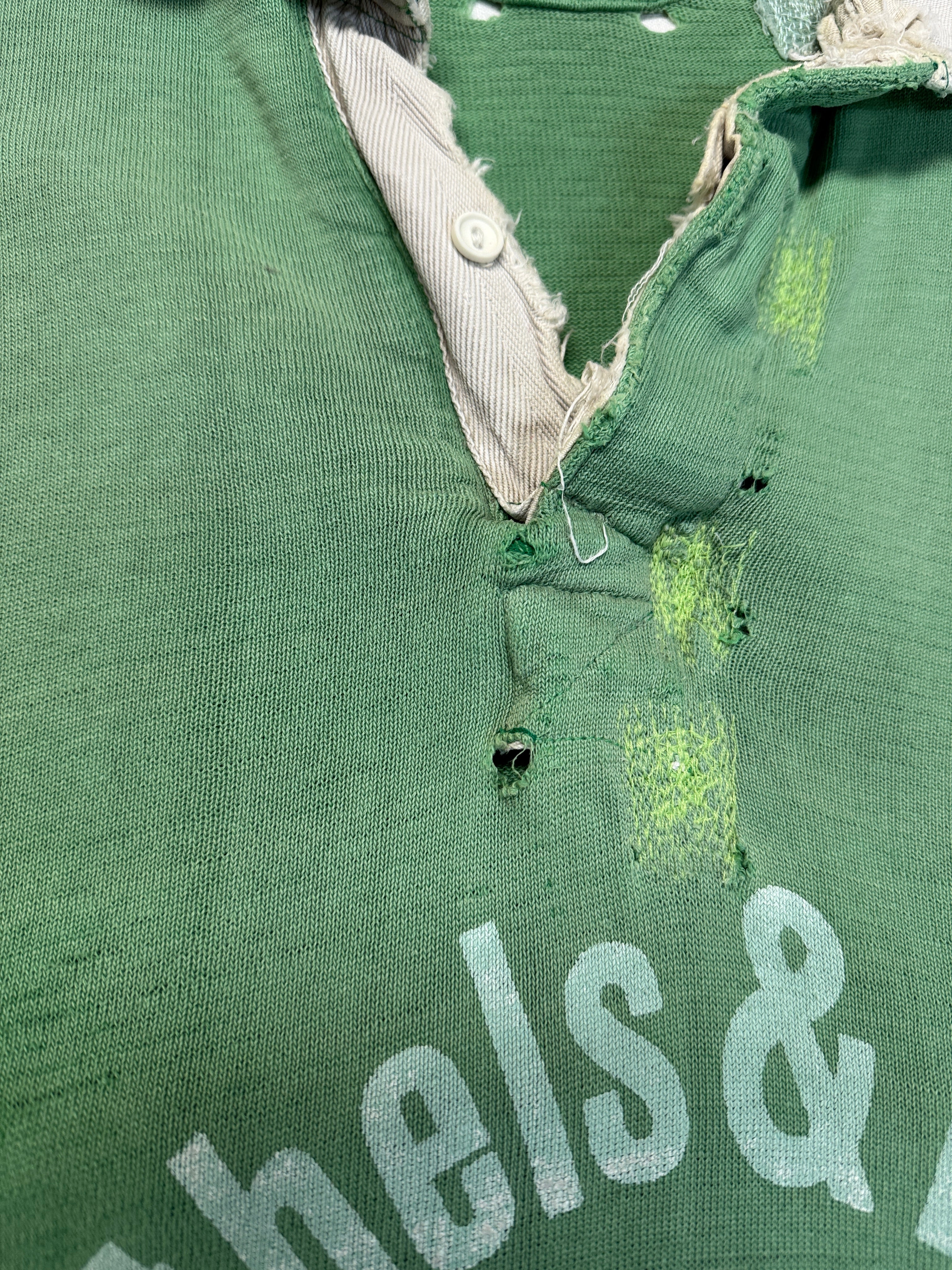 80s Kiwi Rugby Polo Trashed "Barthels & Lüders Hamburg" Made In UK Grün L-XL - RareRags