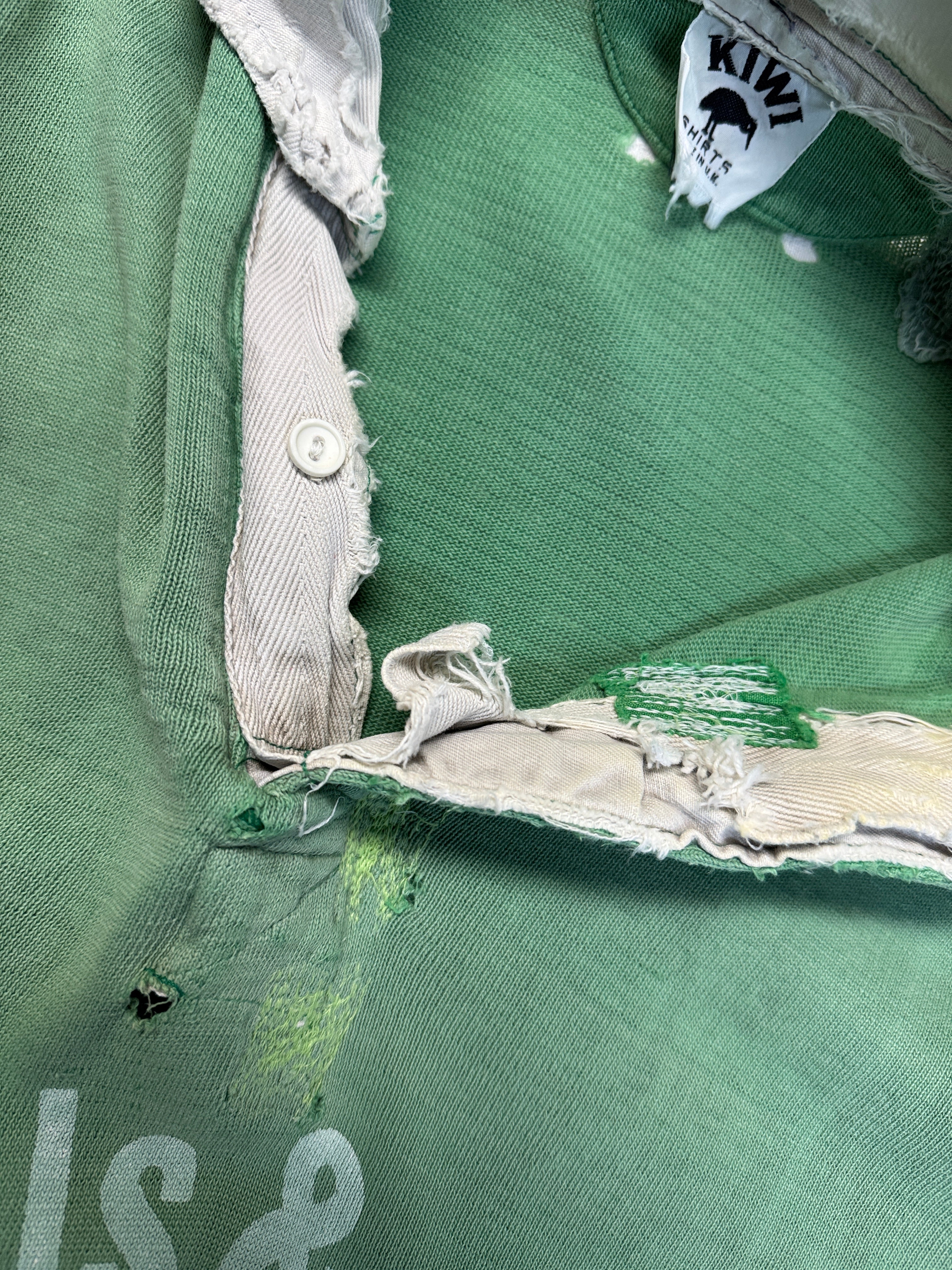 80s Kiwi Rugby Polo Trashed "Barthels & Lüders Hamburg" Made In UK Grün L-XL - RareRags