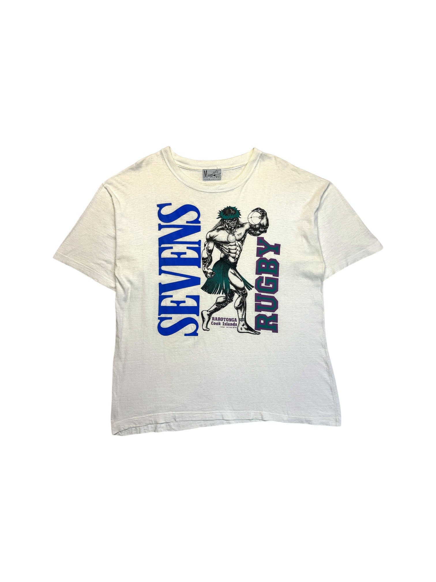 1995 Magic Power Shirt Sevens Rugby Rarotonga Cook Islands Weiß L-XL - RareRags