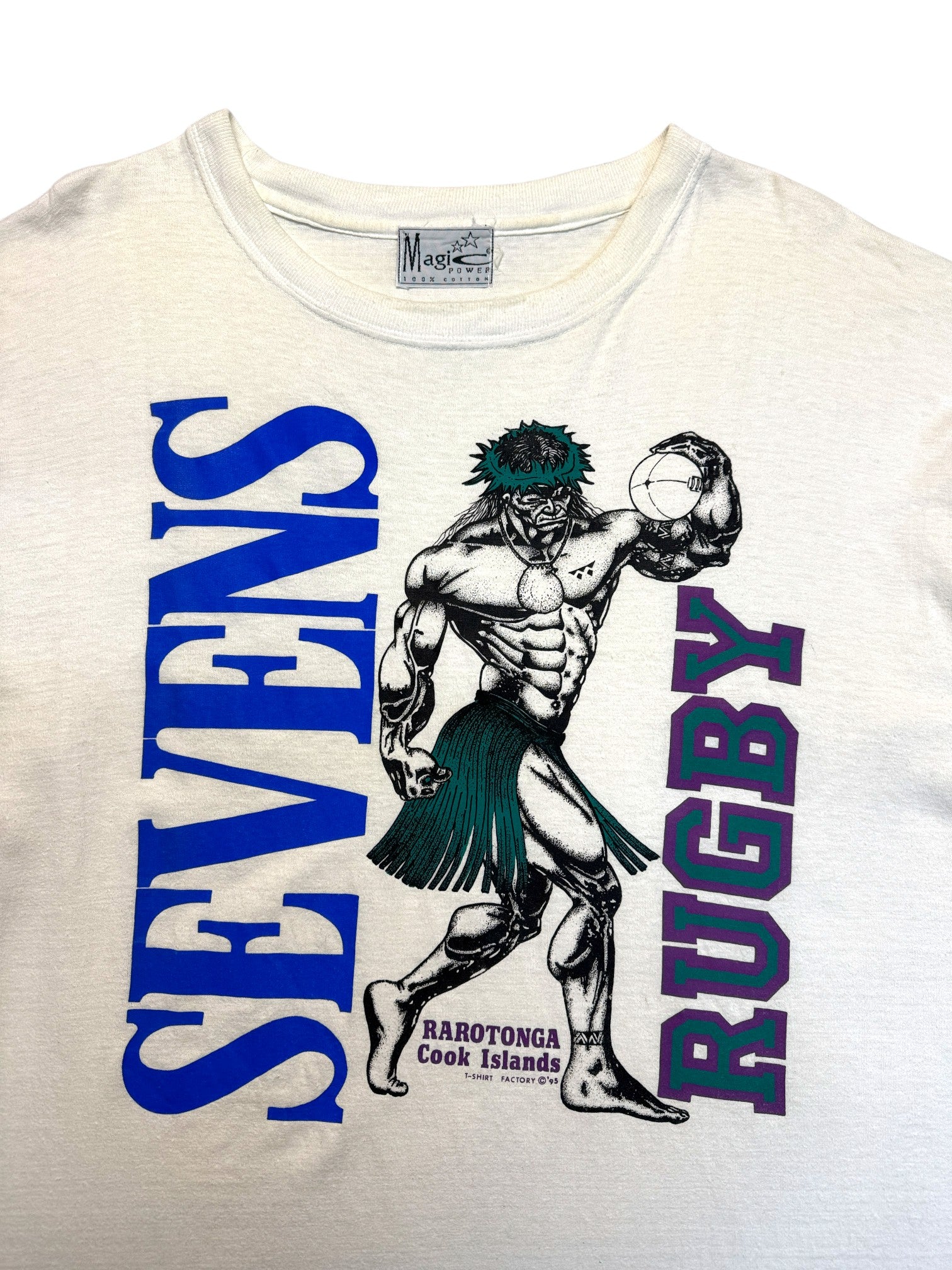 1995 Magic Power Shirt Sevens Rugby Rarotonga Cook Islands Weiß L-XL - RareRags