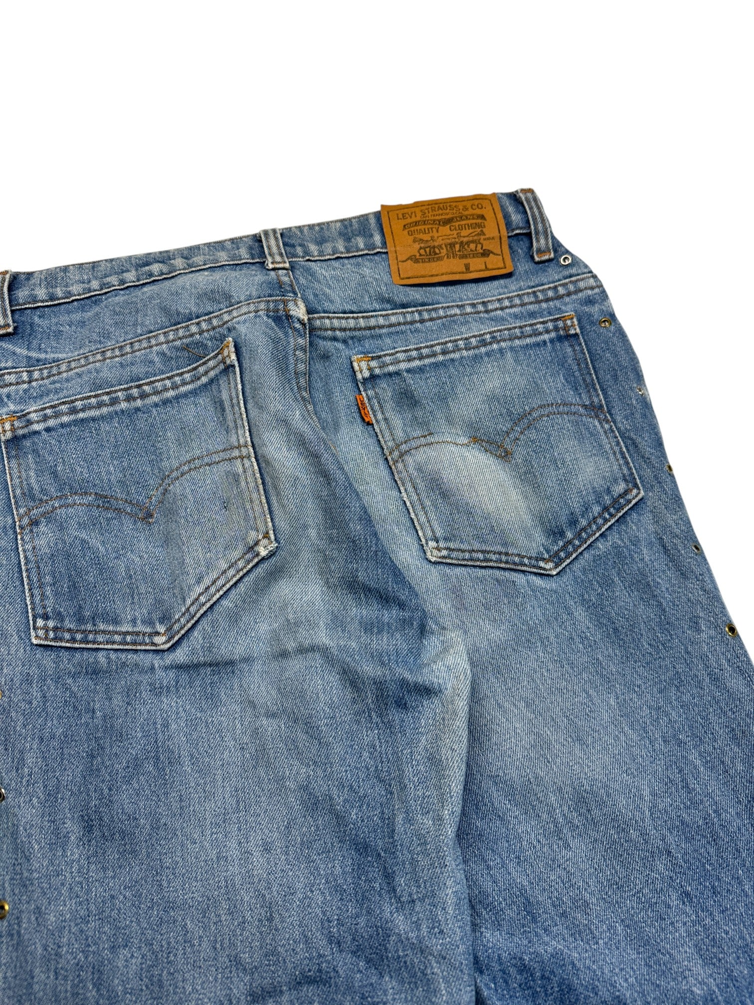 80s Levis Jeans Custom Side Lace Up Orange Tab 230 Blau S-M - RareRags
