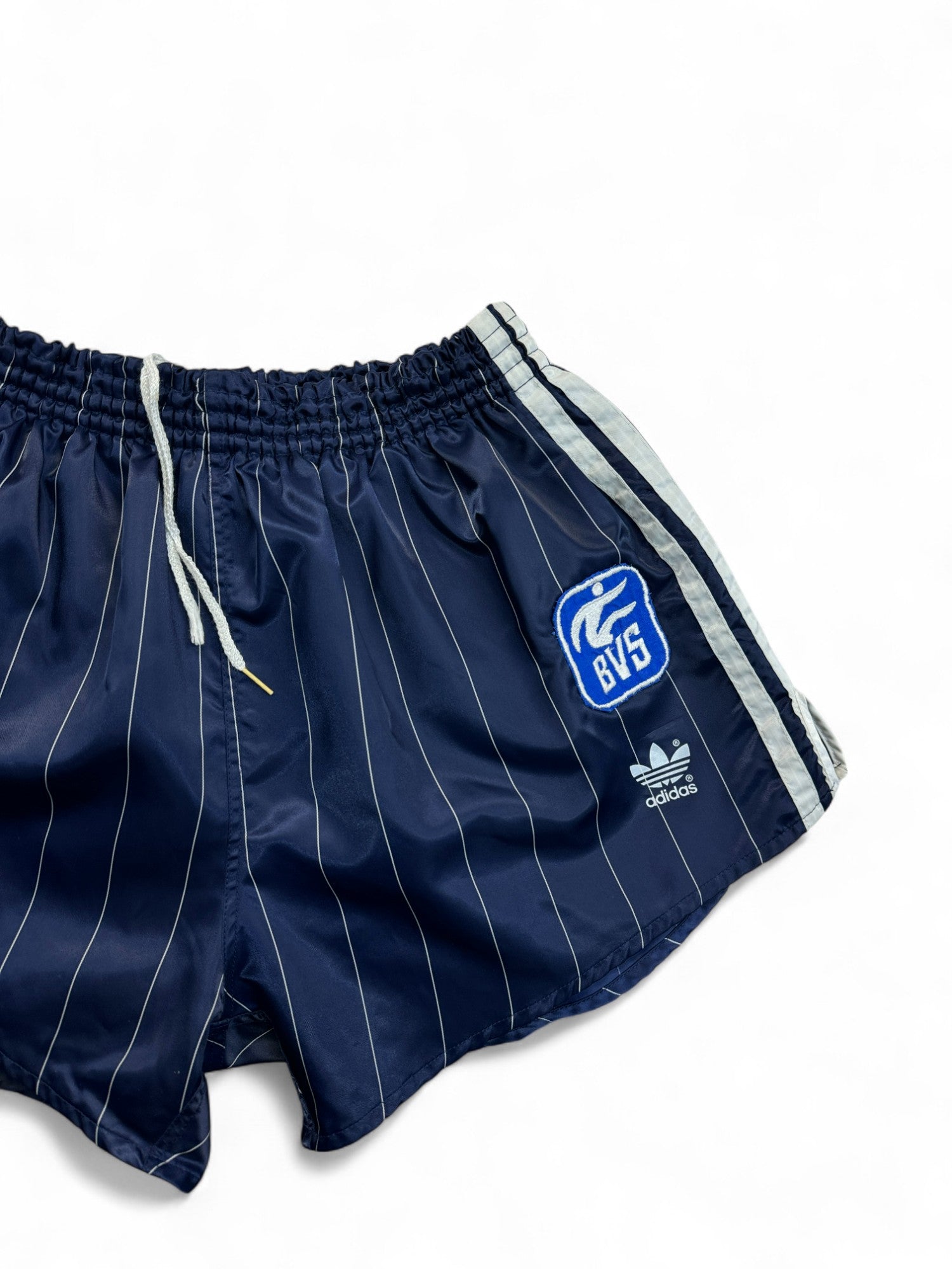 Vintage Adidas Shorts 80s Nadelstreifen Glanz Sprinter "Santiago" Dunkelblau D7 L
