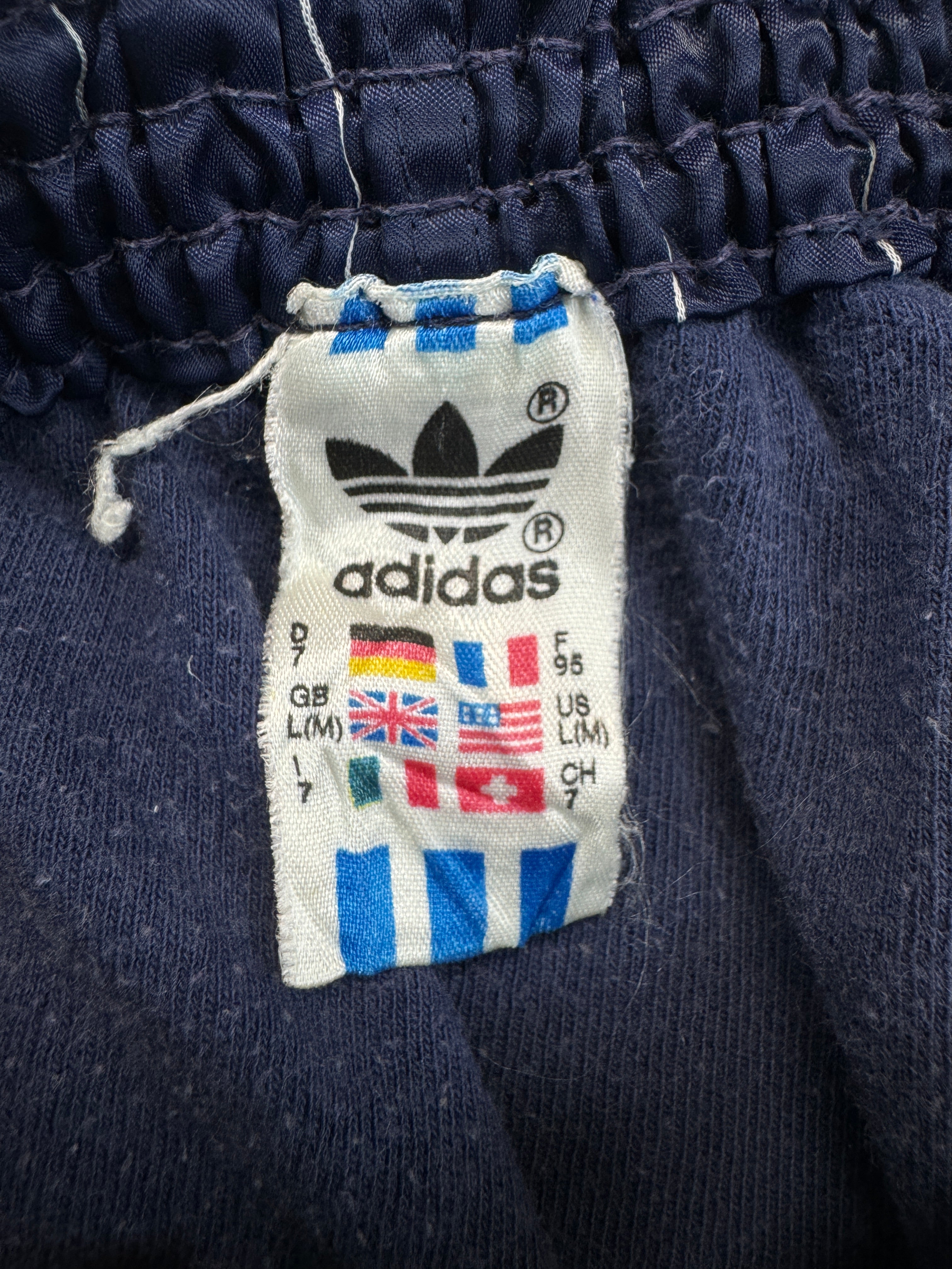 Vintage Adidas Shorts 80s Nadelstreifen Glanz Sprinter "Santiago" Dunkelblau D7 L
