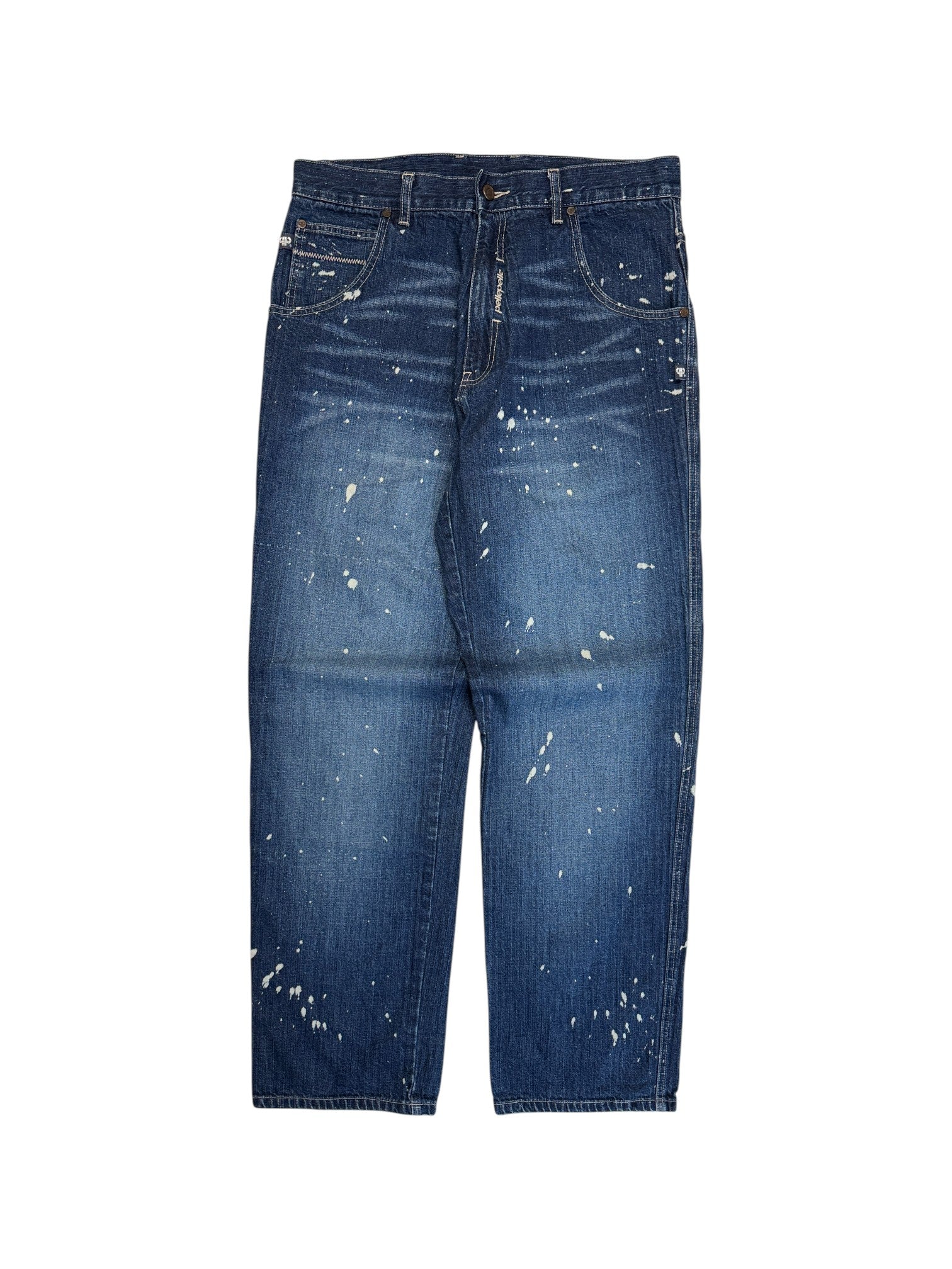 90s Pelle Pelle Baggy Jeans Dark Denim Paint Splatter Blau W34 L34 - RareRags
