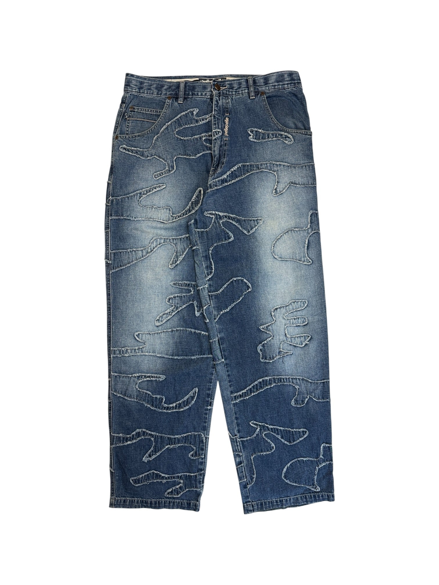 90s Pelle Pelle Baggy Jeans Sample Denim Camouflage Blau W36 L34 - RareRags
