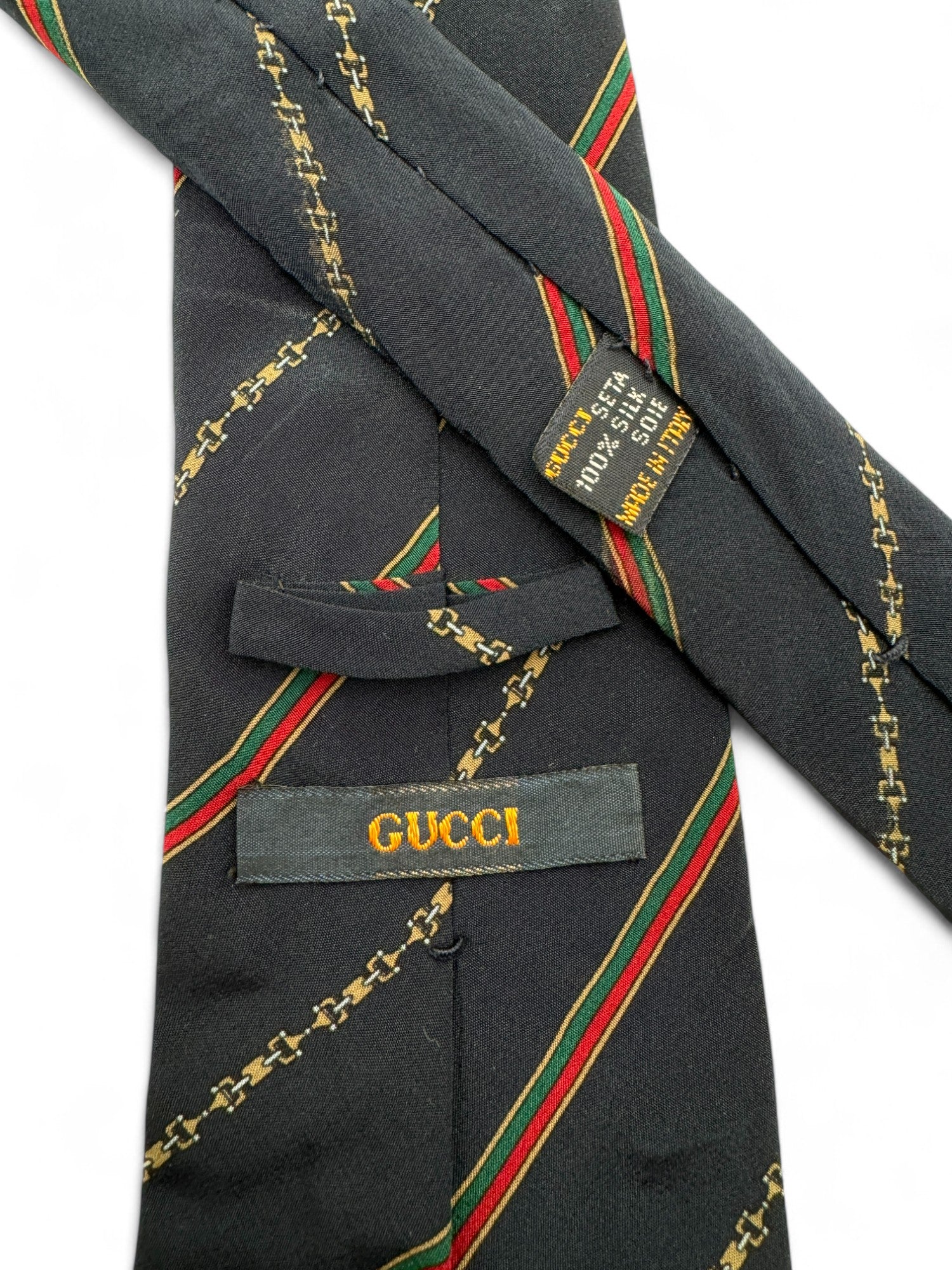 Vintage Gucci Krawatte 90s Equestrian-Motiv Trense Seide Made In Italy Dunkelblau - RareRags
