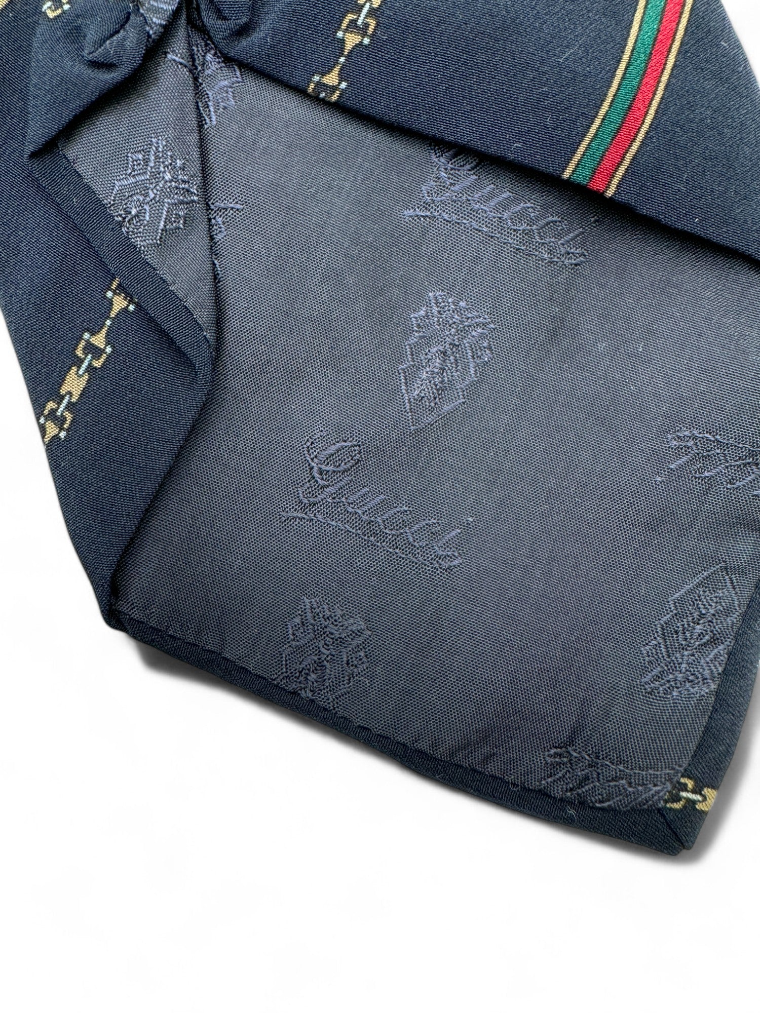Vintage Gucci Krawatte 90s Equestrian-Motiv Trense Seide Made In Italy Dunkelblau - RareRags