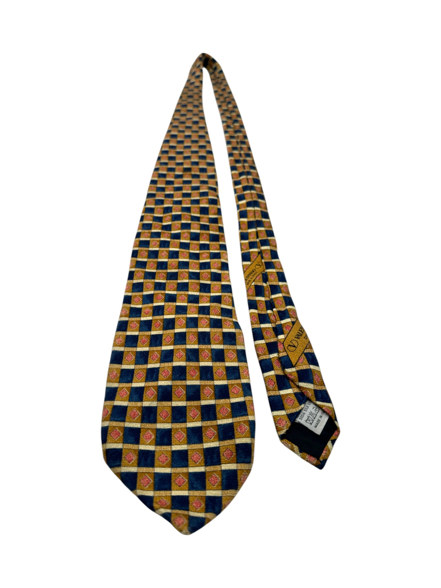 Vintage Valentino Krawatte 90s Schachbrettmuster Seide Made In Italy Dunkelblau Gold - RareRags