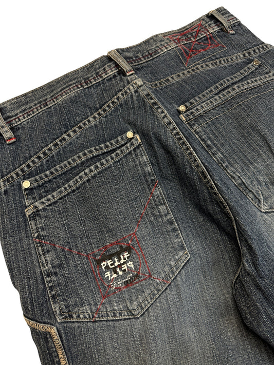 90s Pelle Pelle Jorts Baggy Embroidery Dark Denim Blau W34 - RareRags