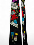 Vintage Brothers Krawatte 90s Mouse Computer Print "Byte" Seide Dunkelblau Bunt