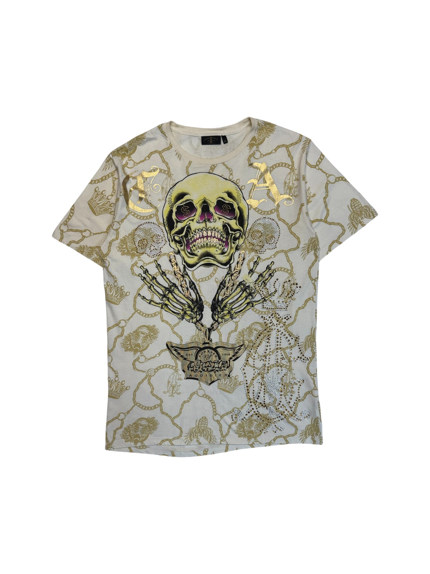 00s Christian Audigier Shirt Skull&Strass Weiß Gold XL - RareRags