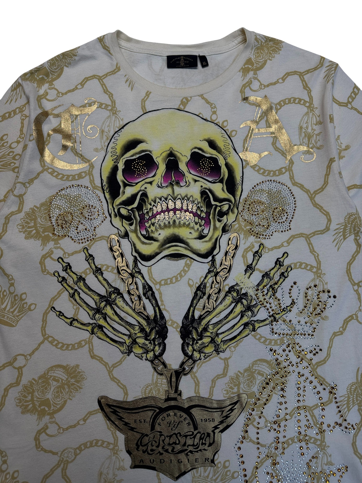 00s Christian Audigier Shirt Skull&Strass Weiß Gold XL - RareRags
