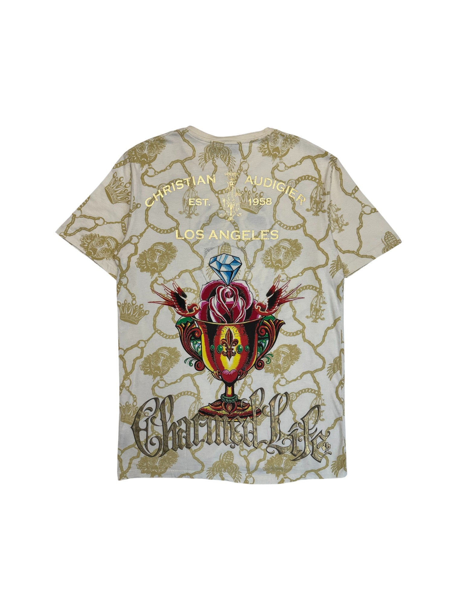 00s Christian Audigier Shirt Skull&Strass Weiß Gold XL - RareRags