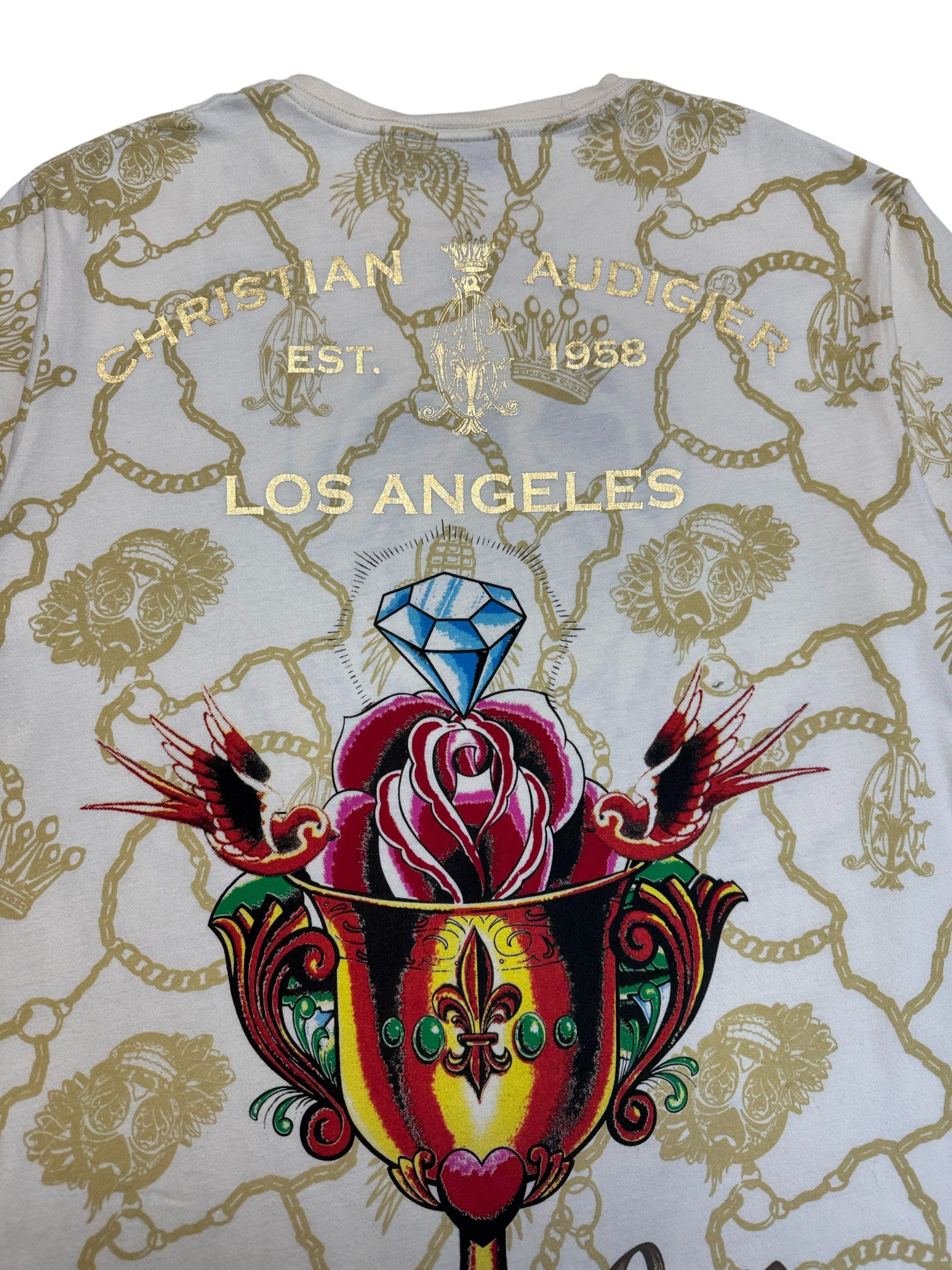 00s Christian Audigier Shirt Skull&Strass Weiß Gold XL - RareRags