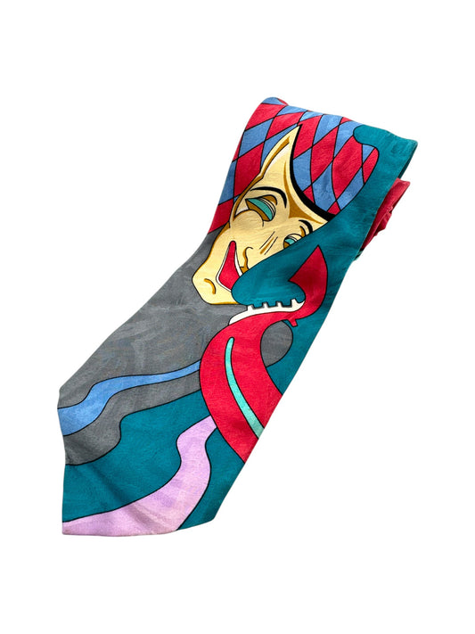 Vintage Juka Krawatte 90s Karneval Maske Print Seide Bunt