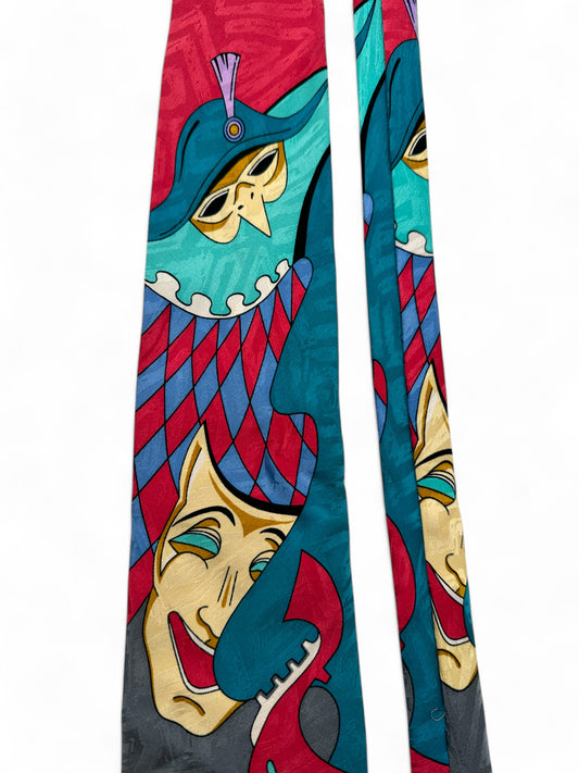 Vintage Juka Krawatte 90s Karneval Maske Print Seide Bunt