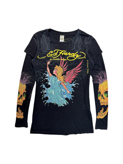 00s Ed Hardy Layered Longsleeve "Siren" Schwarz M - RareRags