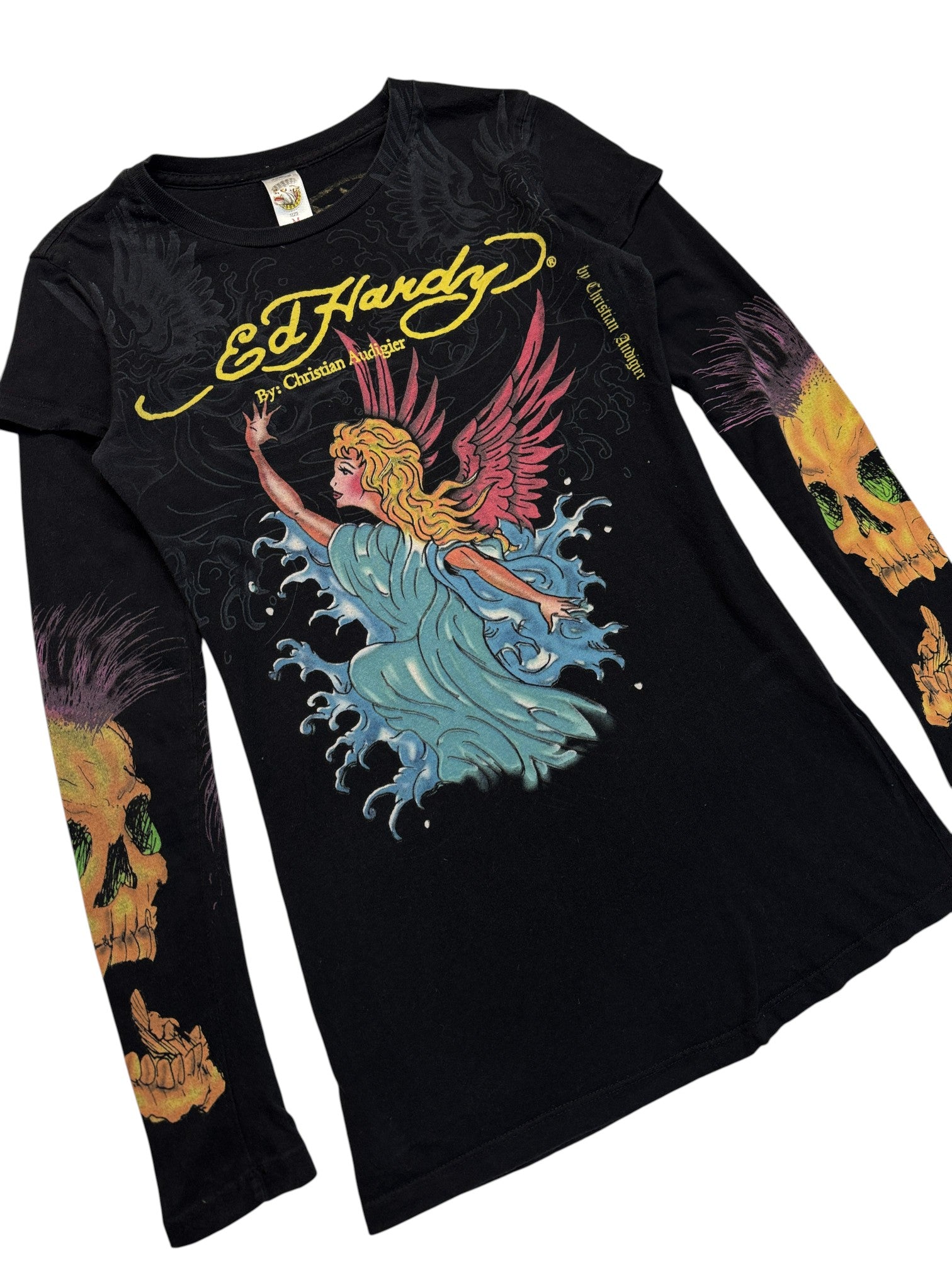 00s Ed Hardy Layered Longsleeve "Siren" Schwarz M - RareRags