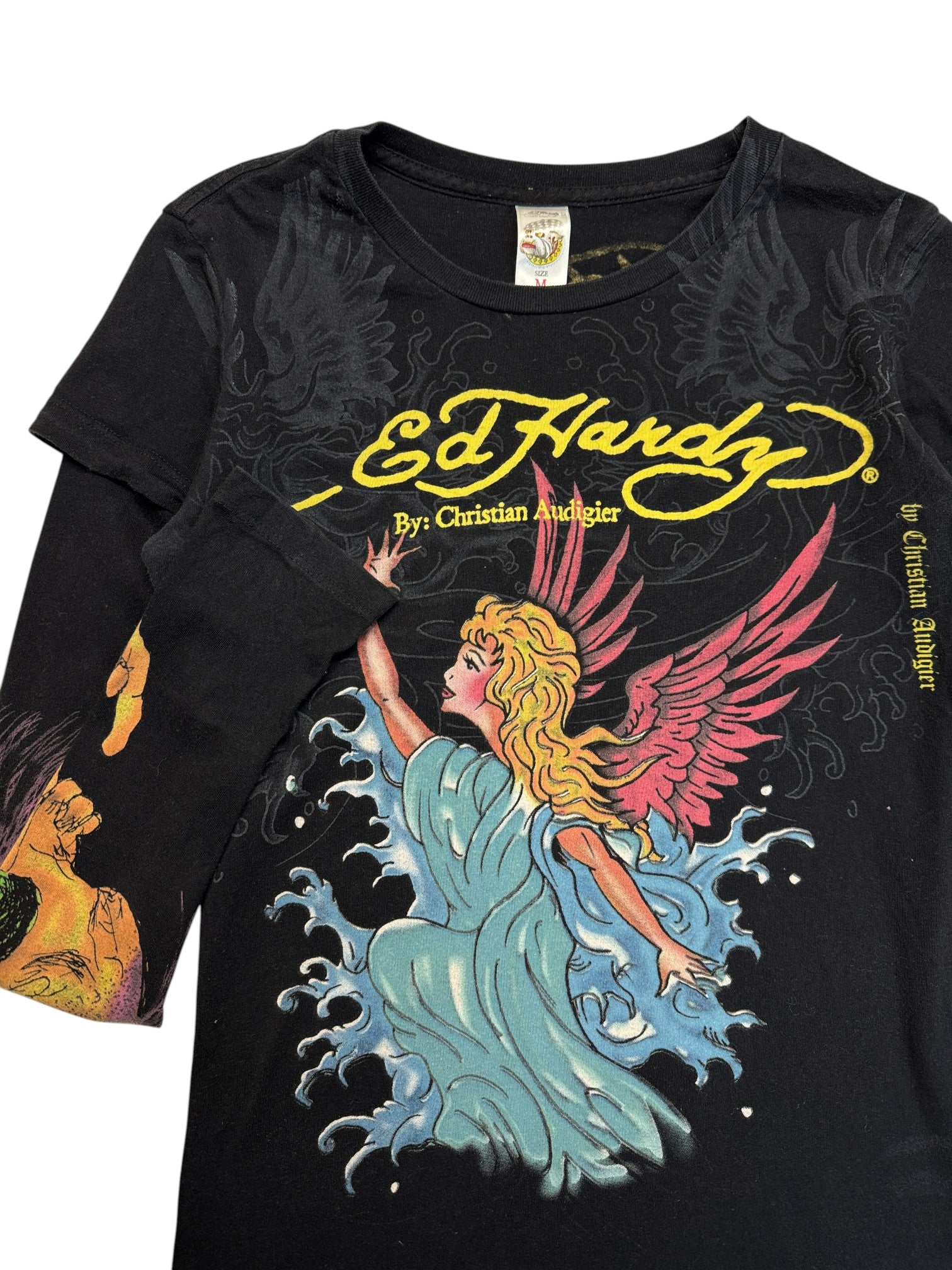 00s Ed Hardy Layered Longsleeve "Siren" Schwarz M - RareRags