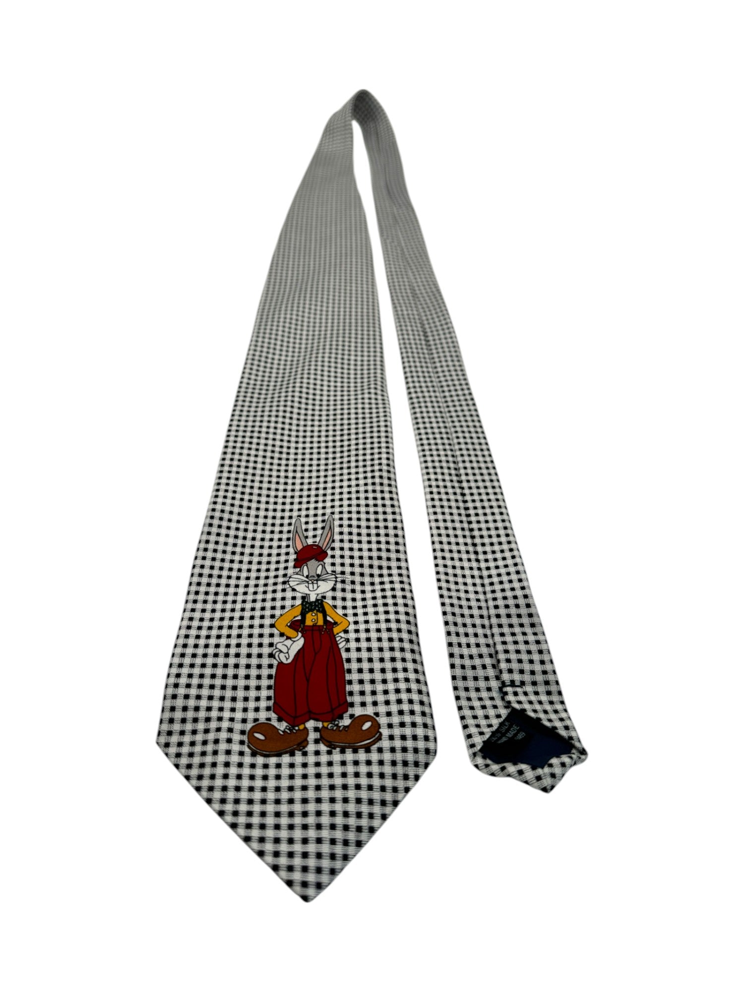 Vintage Addiction Krawatte 1992 Warner Bros. Looney Tunes Bugs Bunny Handmade Seide Kariert Schwarz Weiß