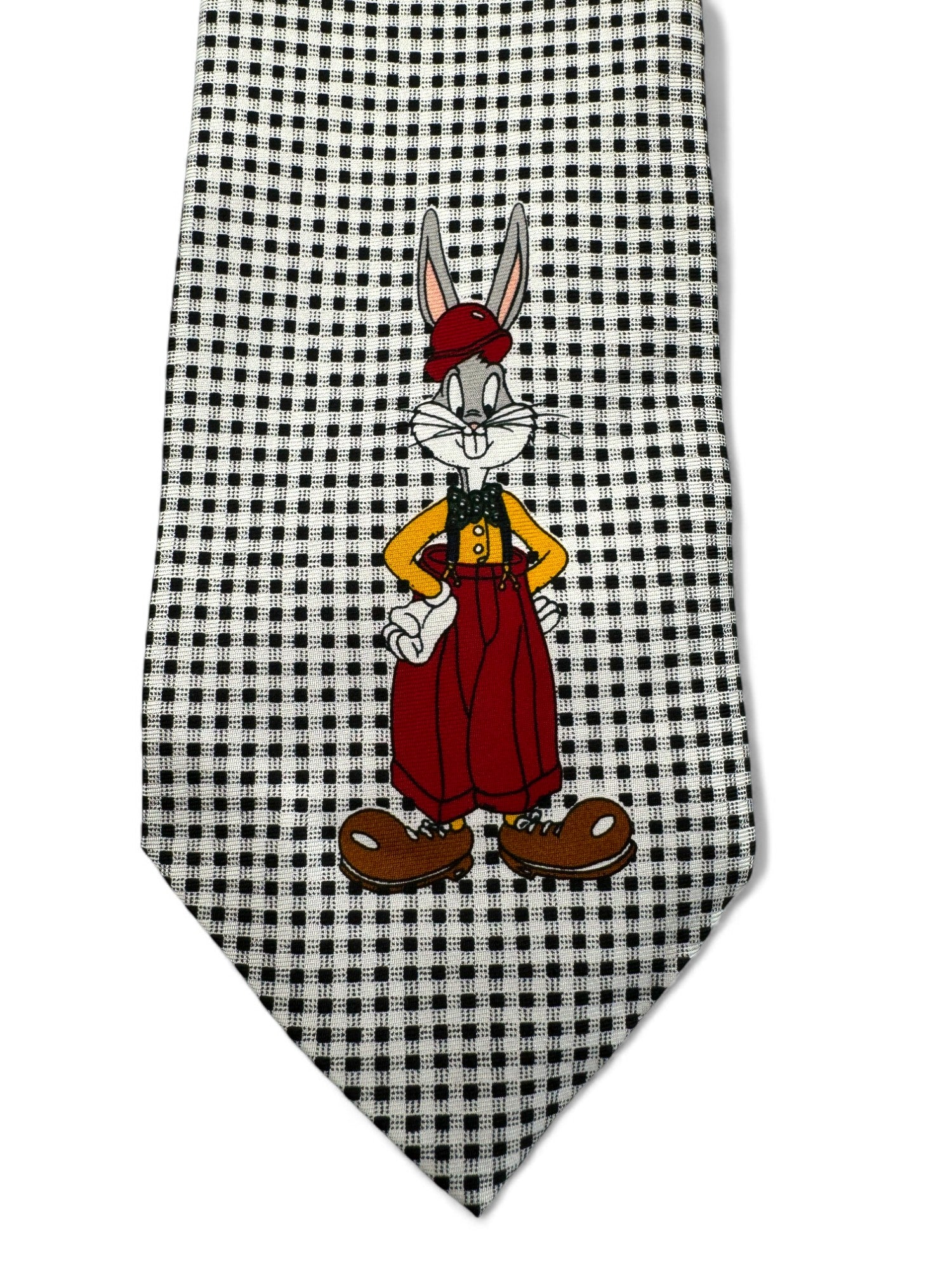 Vintage Addiction Krawatte 1992 Warner Bros. Looney Tunes Bugs Bunny Handmade Seide Kariert Schwarz Weiß