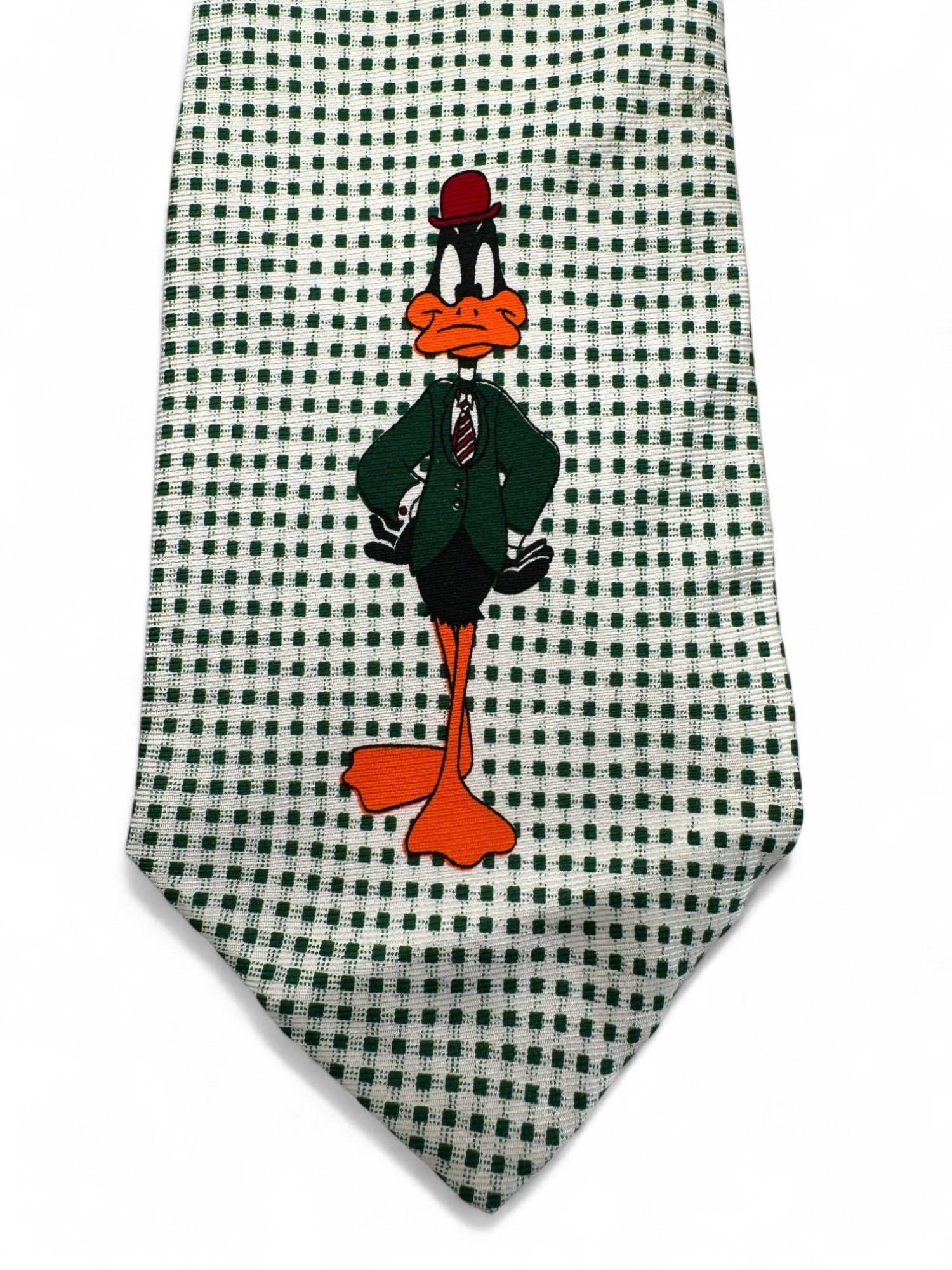 Vintage Addiction Krawatte 1992 Warner Bros. Looney Tunes Daffy Duck Handmade Seide Kariert Schwarz Weiß