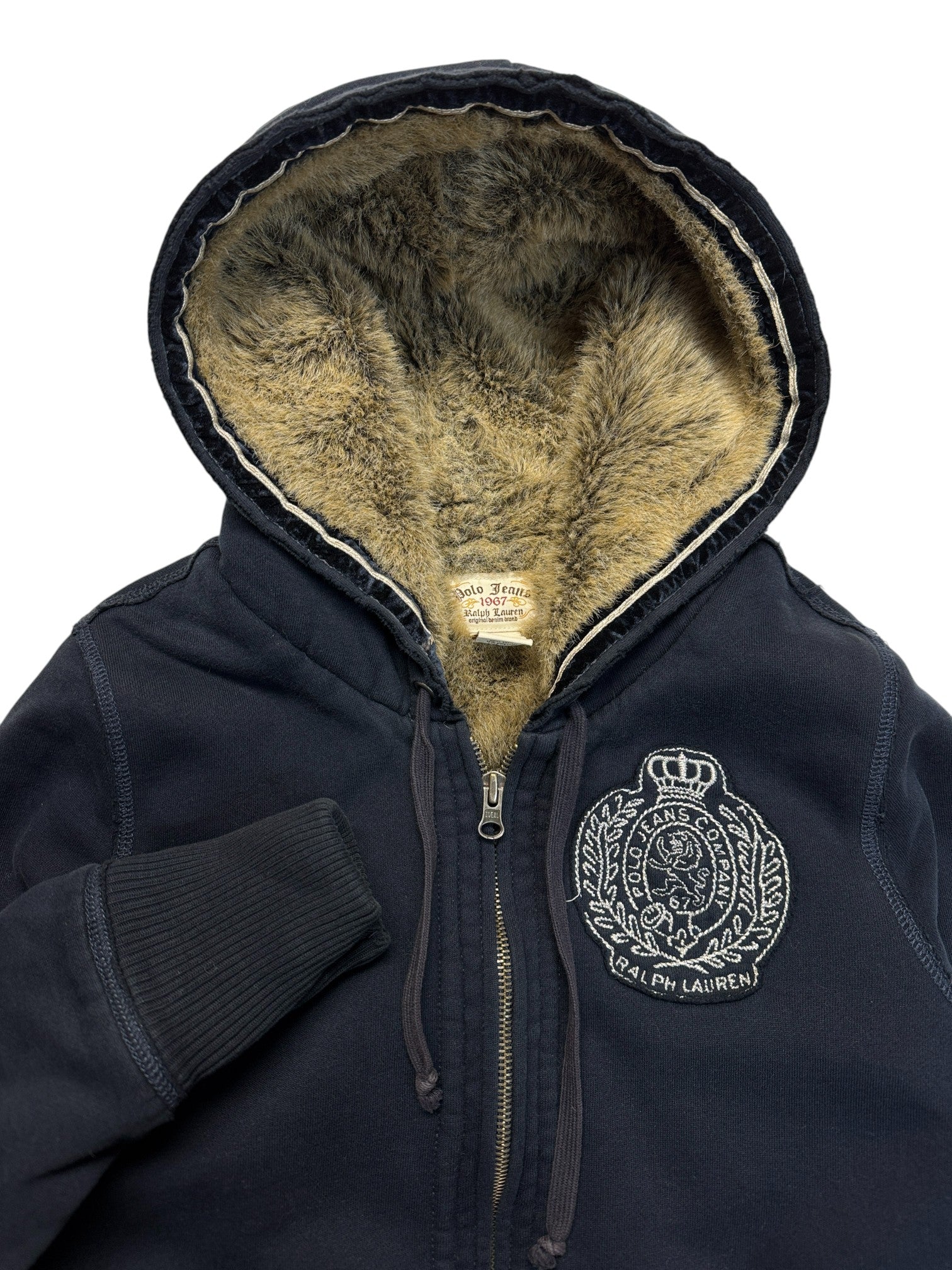 00s Polo Jeans By Ralph Lauren Hoodie Faux Fur Dunkelblau S-M - RareRags