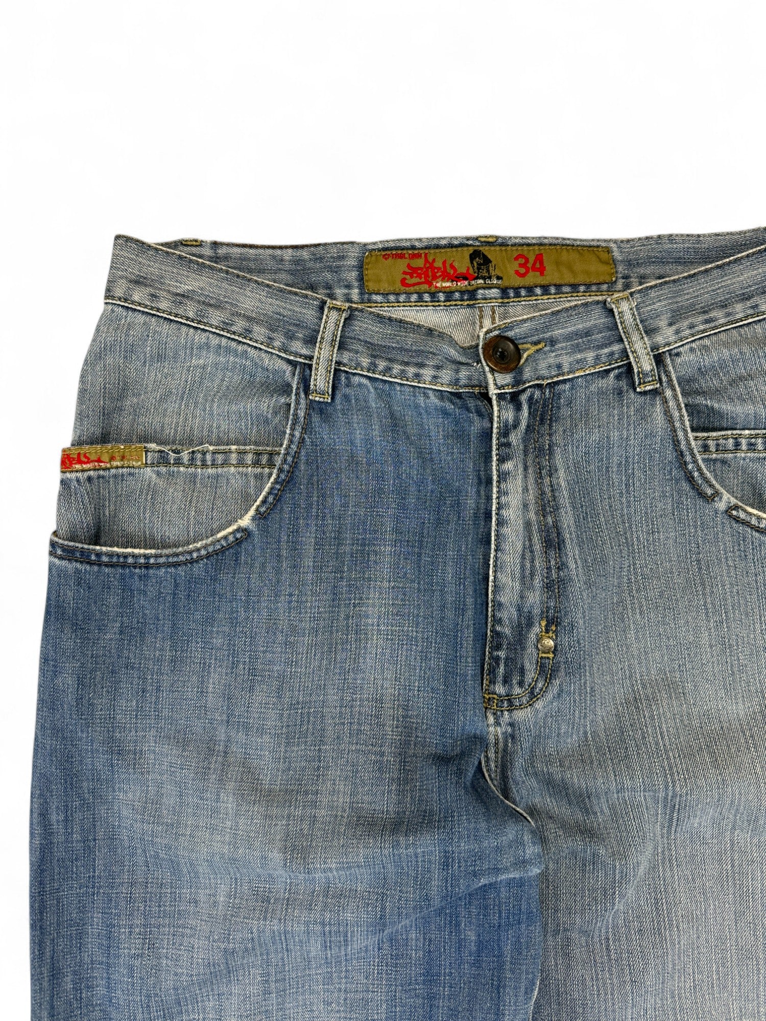 Vintage Tribal Baggy Jeans 90s Two Tone Blau 34