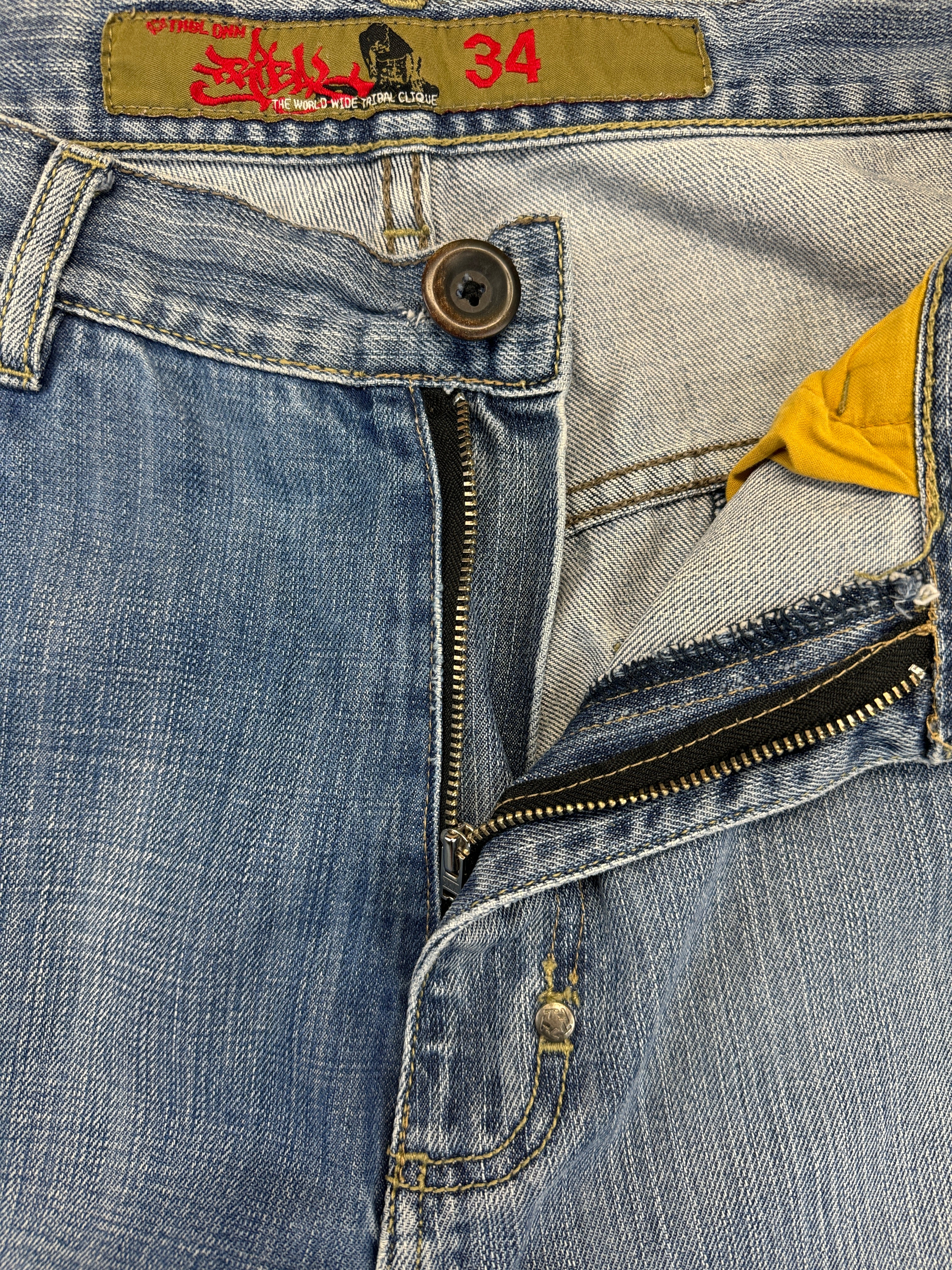Vintage Tribal Baggy Jeans 90s Two Tone Blau 34