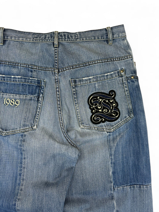 Vintage Tribal Baggy Jeans 90s Two Tone Blau 34