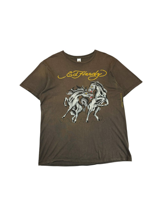 Ed Hardy Shirt 00s Y2K Pferde Trashed Braun XL
