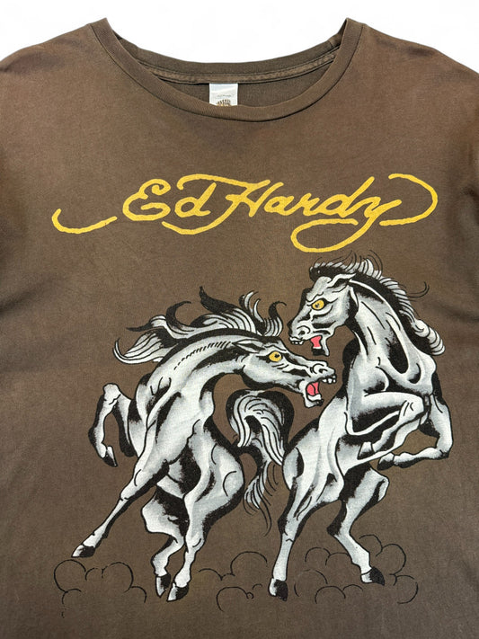 Ed Hardy Shirt 00s Y2K Pferde Trashed Braun XL