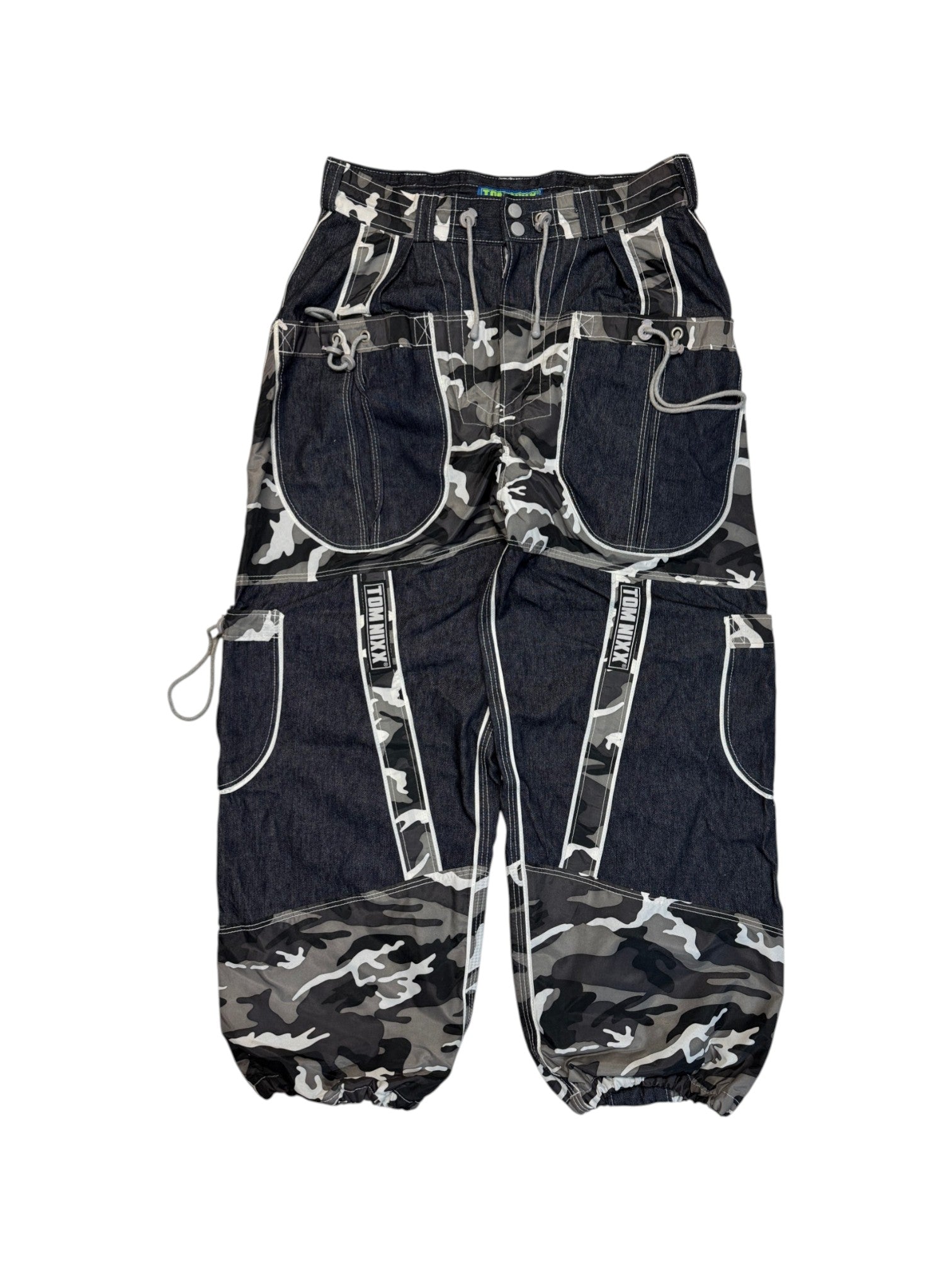 00s Tom Nixx Rave Baggy Pants Tech Wear Camouflage Denim Dunkelblau Schwarz XL - RareRags