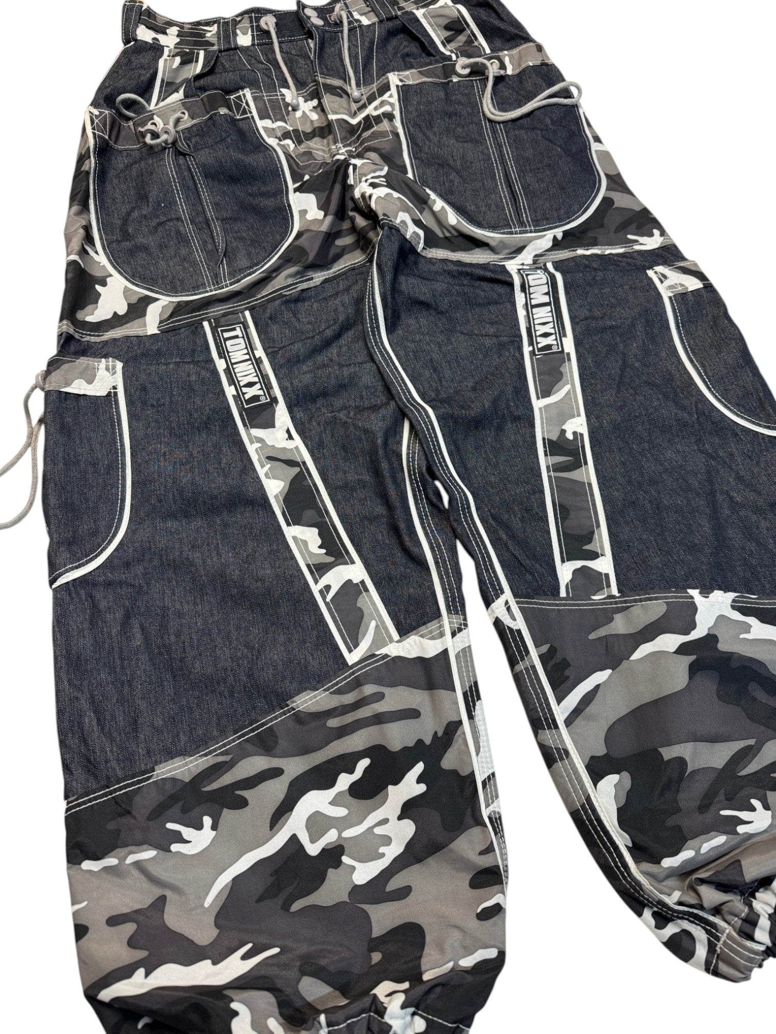 00s Tom Nixx Rave Baggy Pants Tech Wear Camouflage Denim Dunkelblau Schwarz XL - RareRags
