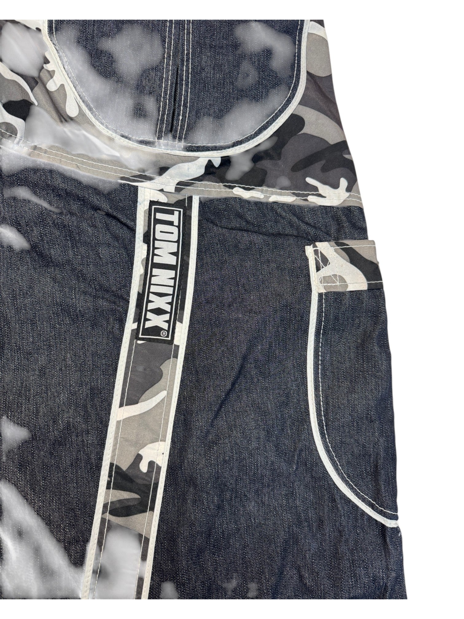 00s Tom Nixx Rave Baggy Pants Tech Wear Camouflage Denim Dunkelblau Schwarz XL - RareRags