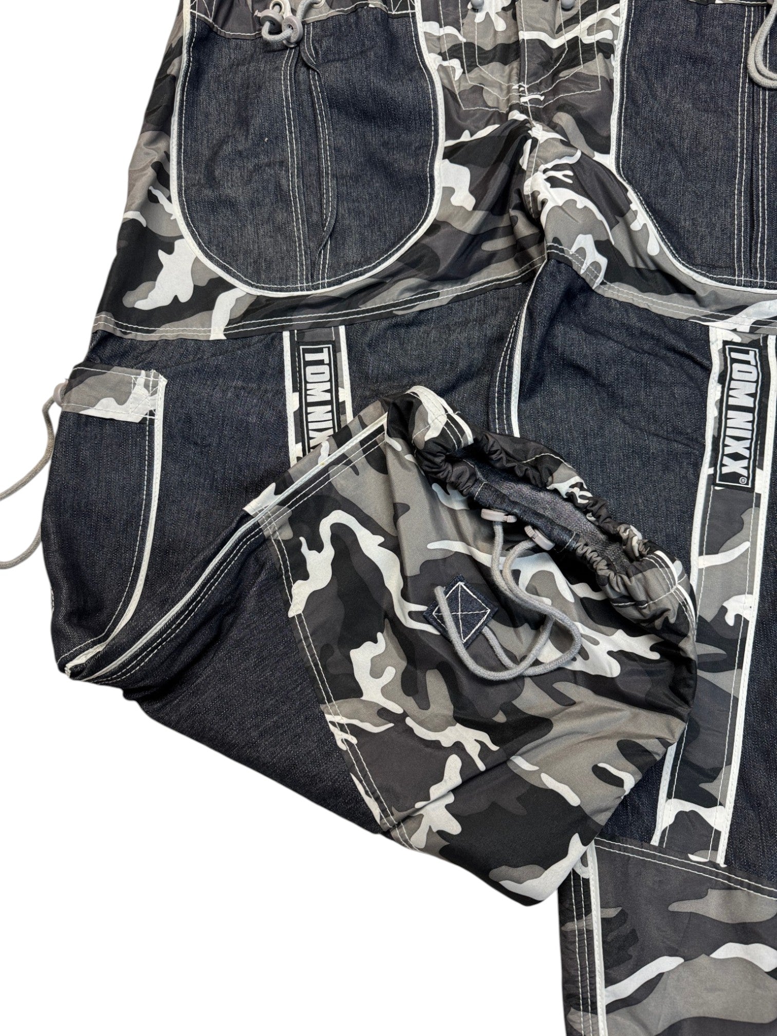 00s Tom Nixx Rave Baggy Pants Tech Wear Camouflage Denim Dunkelblau Schwarz XL - RareRags