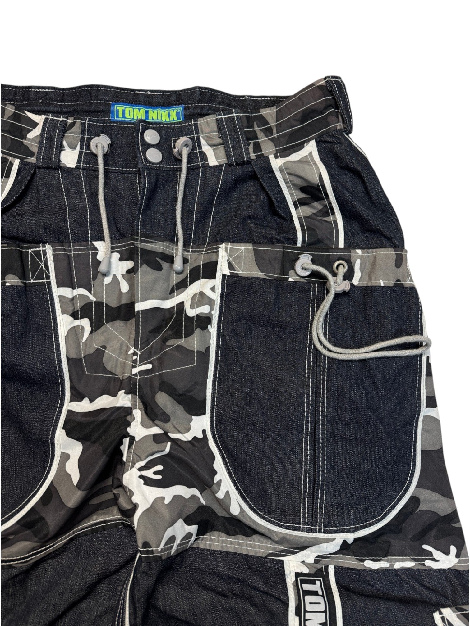 00s Tom Nixx Rave Baggy Pants Tech Wear Camouflage Denim Dunkelblau Schwarz XL - RareRags