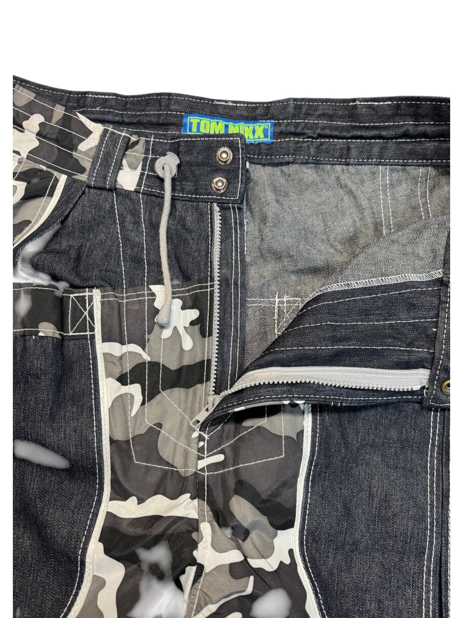 00s Tom Nixx Rave Baggy Pants Tech Wear Camouflage Denim Dunkelblau Schwarz XL - RareRags