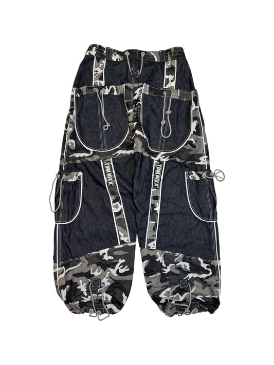 00s Tom Nixx Rave Baggy Pants Tech Wear Camouflage Denim Dunkelblau Schwarz XL