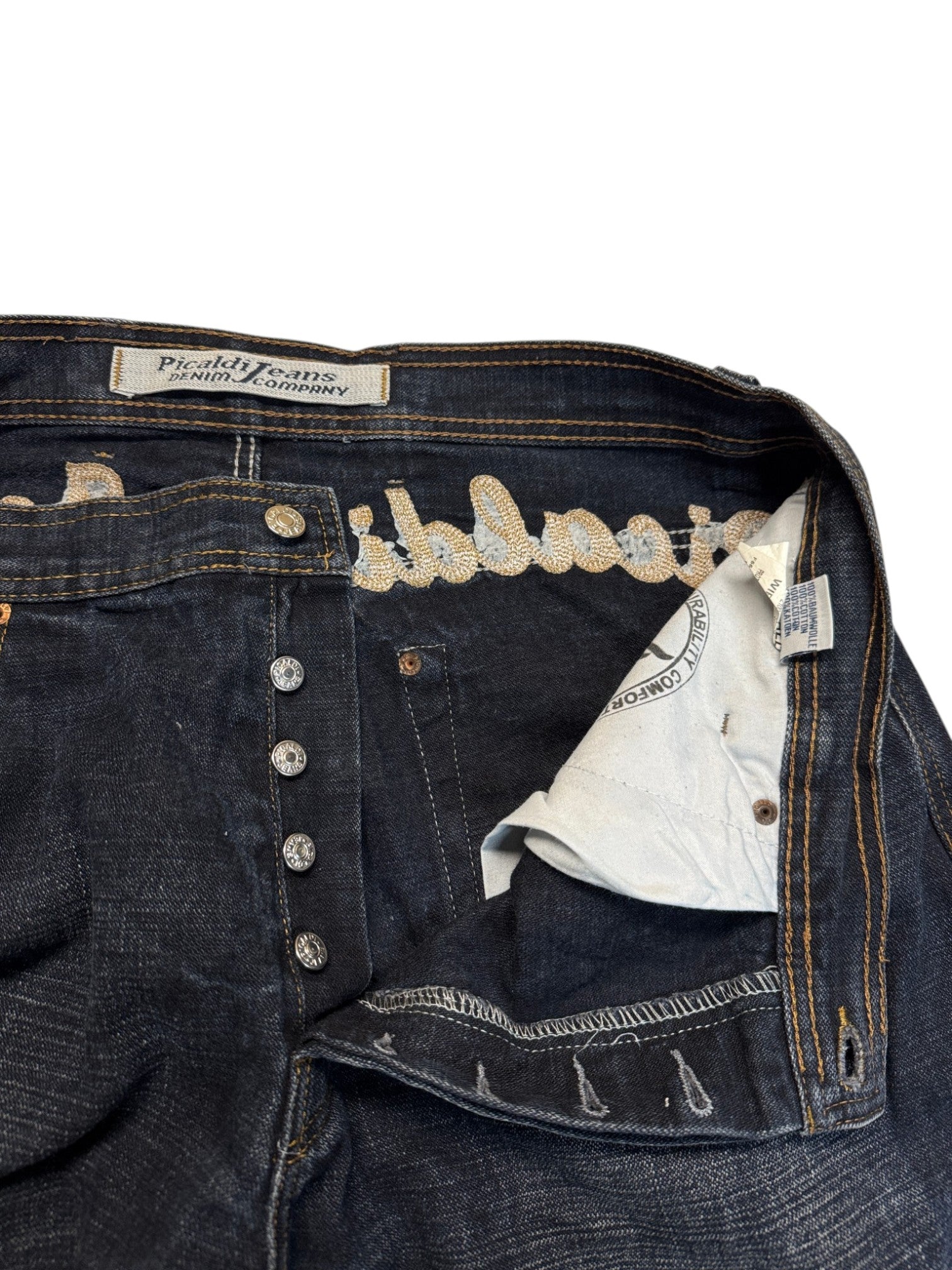 00s Picaldi Baggy Jeans "Wiper-4" Spellout Embroidery Dunkelblau W38 L30 - RareRags