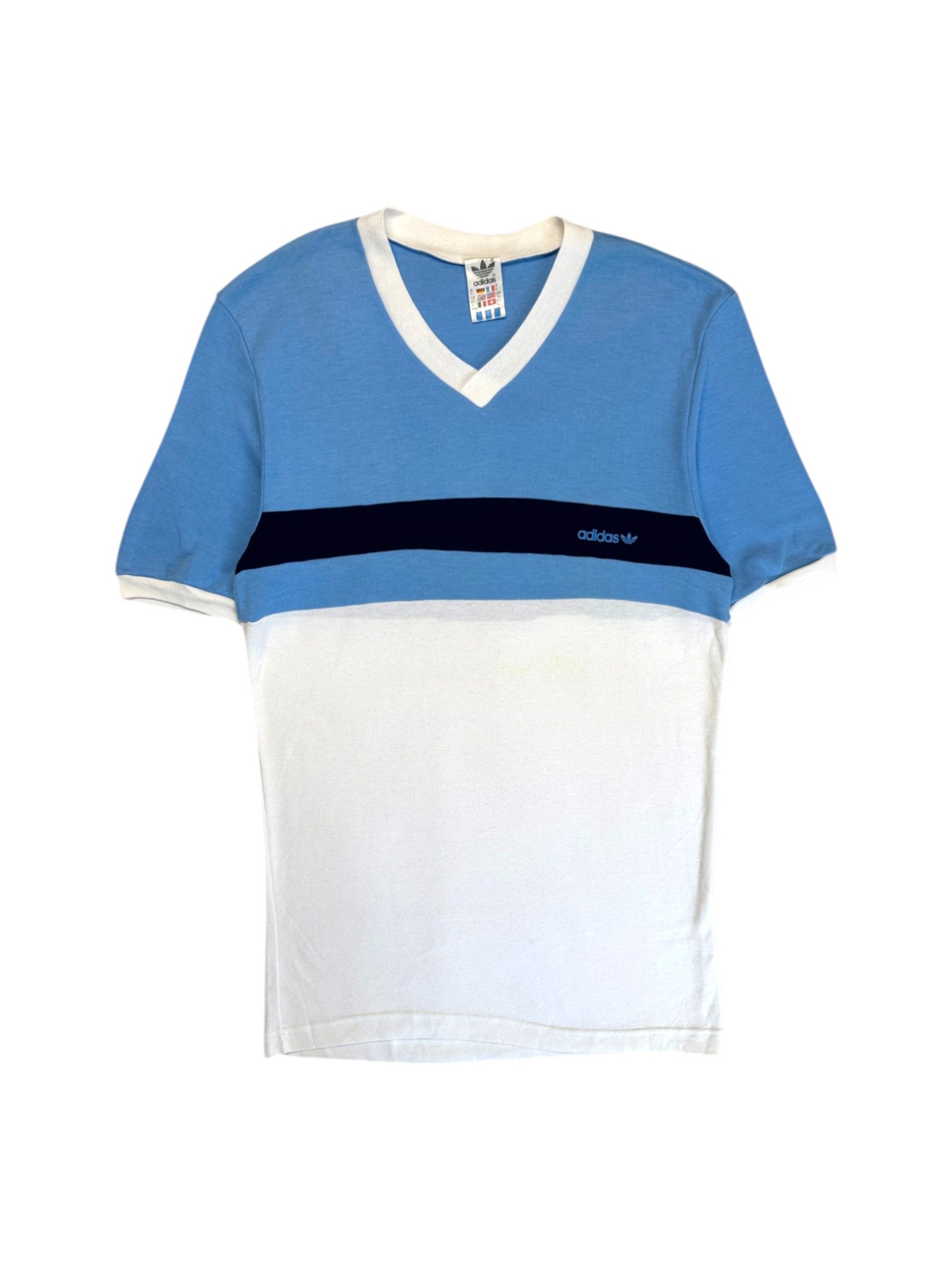 80s Adidas V-Neck Shirt Made In Ireland Weiß Blau 54 L-XL
