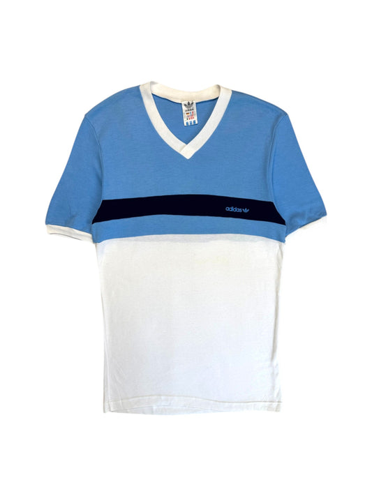 80s Adidas V-Neck Shirt Made In Ireland Weiß Blau 54 L-XL